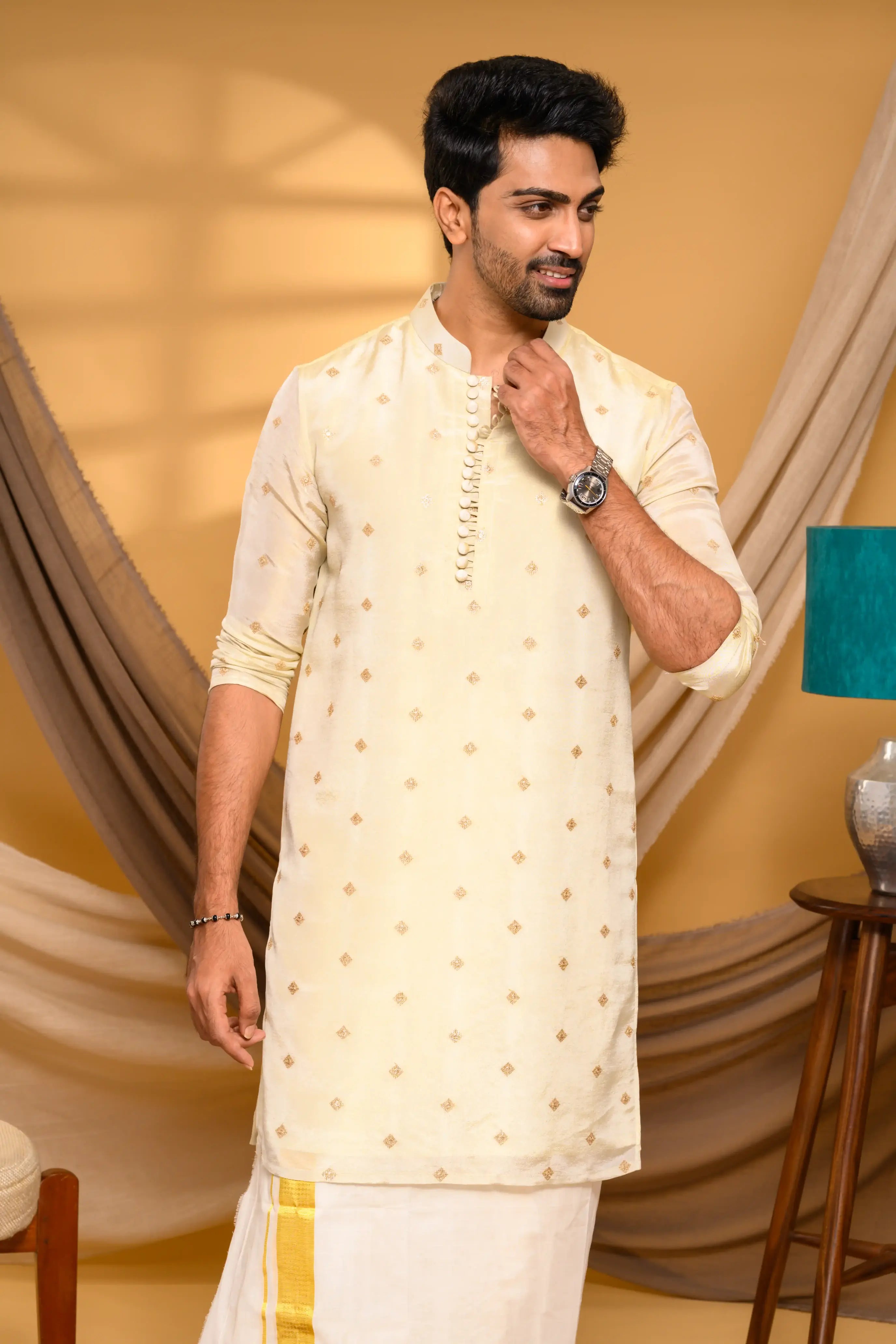 Light Golden Tissue Silk Kurta with Buta detailing  (Kurta Only)