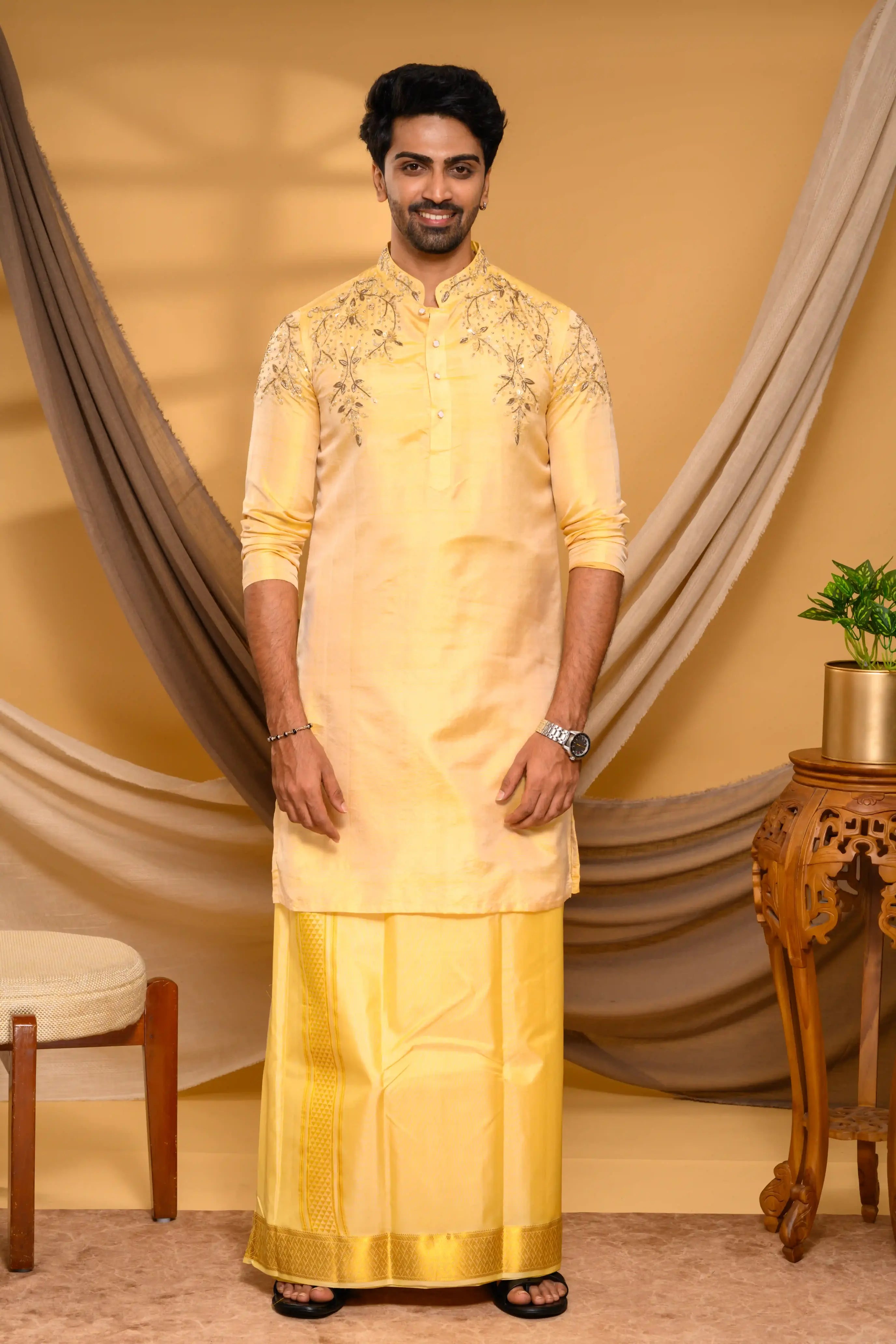 Golden Pure Silk Kurta with Heavy Floral Handwork Detailing on  Shoulders, Sleeves & Neck (Kurta Only)