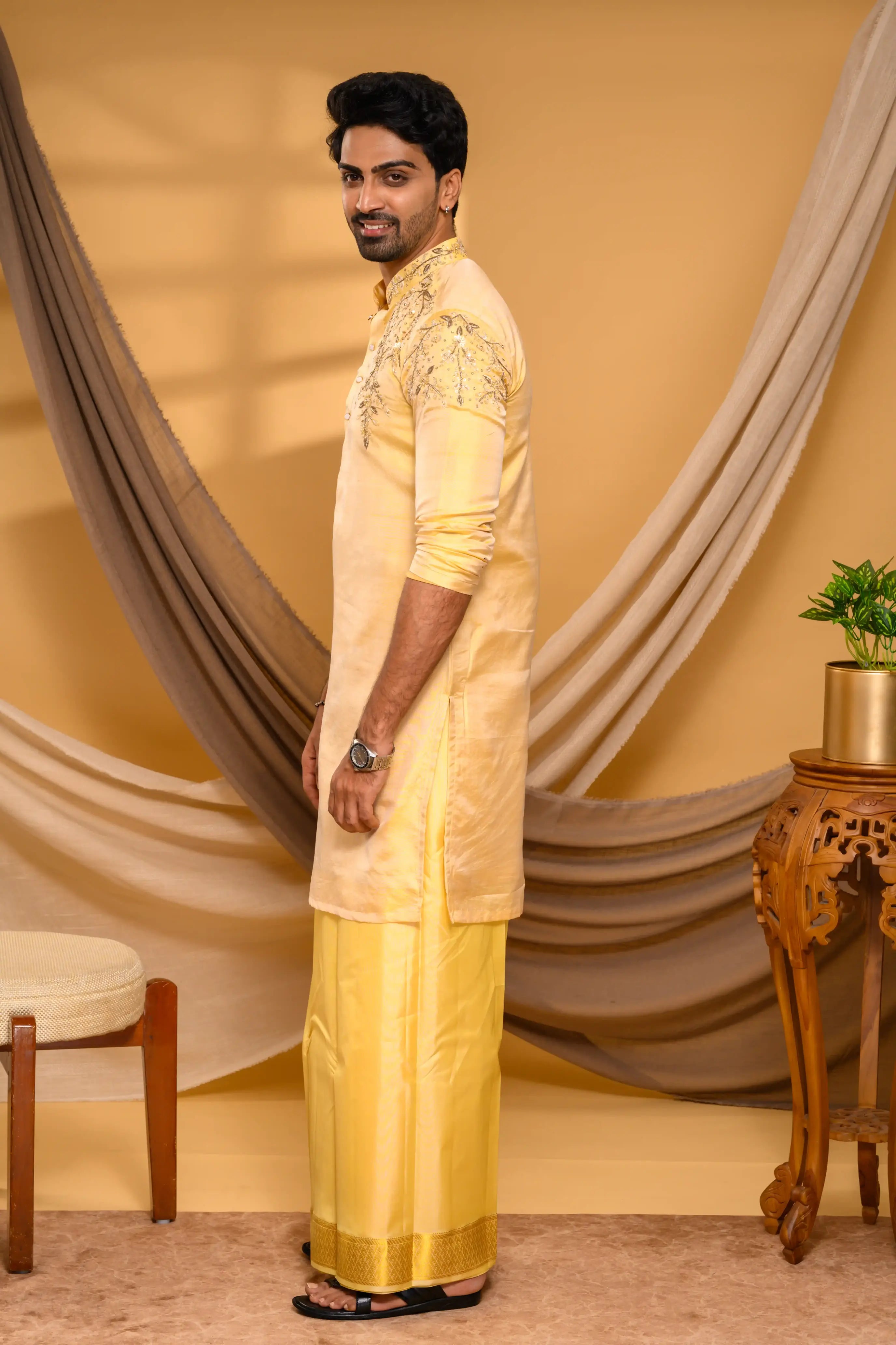 Golden Pure Silk Kurta with Heavy Floral Handwork Detailing on  Shoulders, Sleeves & Neck (Kurta Only)