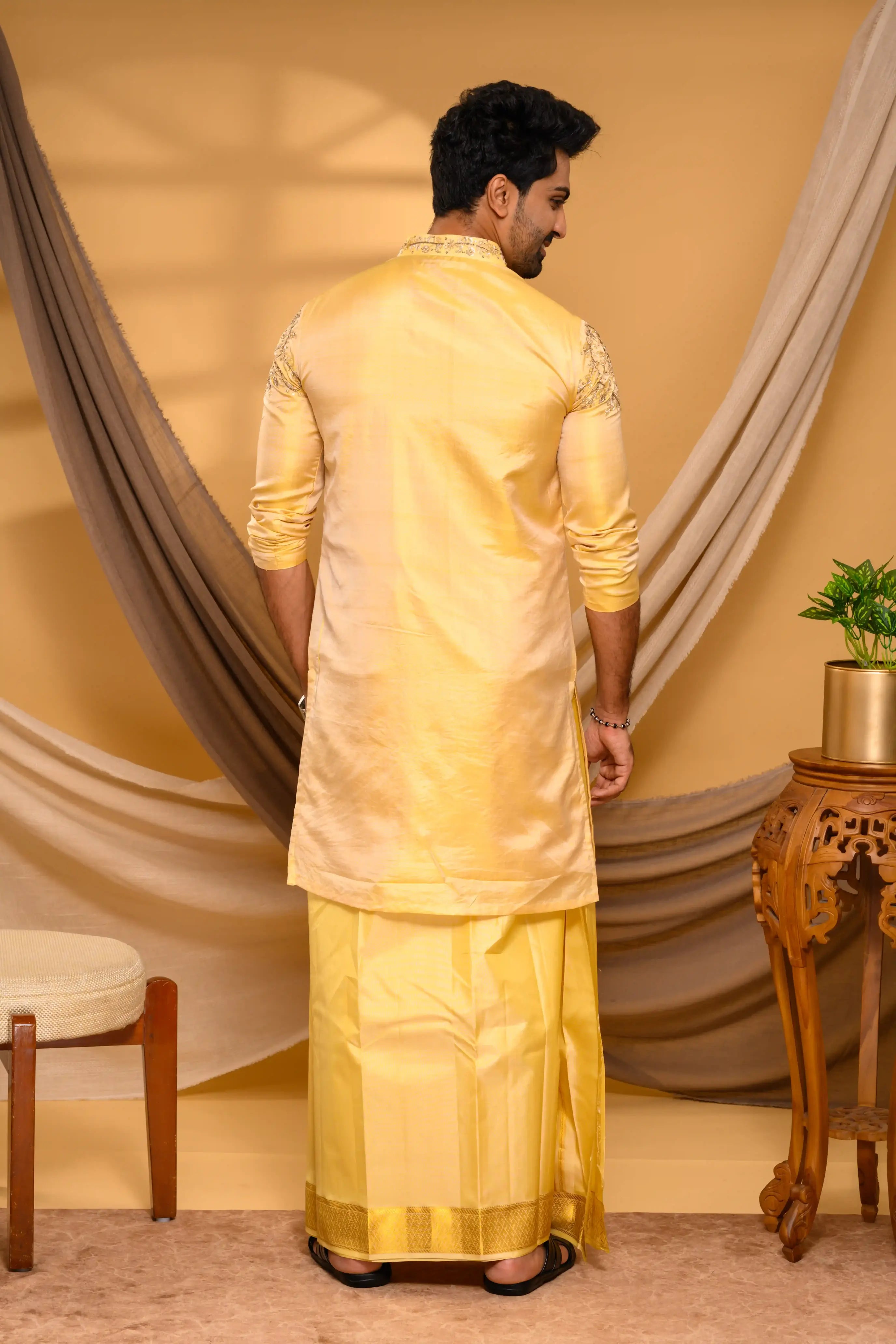 Golden Pure Silk Kurta with Heavy Floral Handwork Detailing on  Shoulders, Sleeves & Neck (Kurta Only)