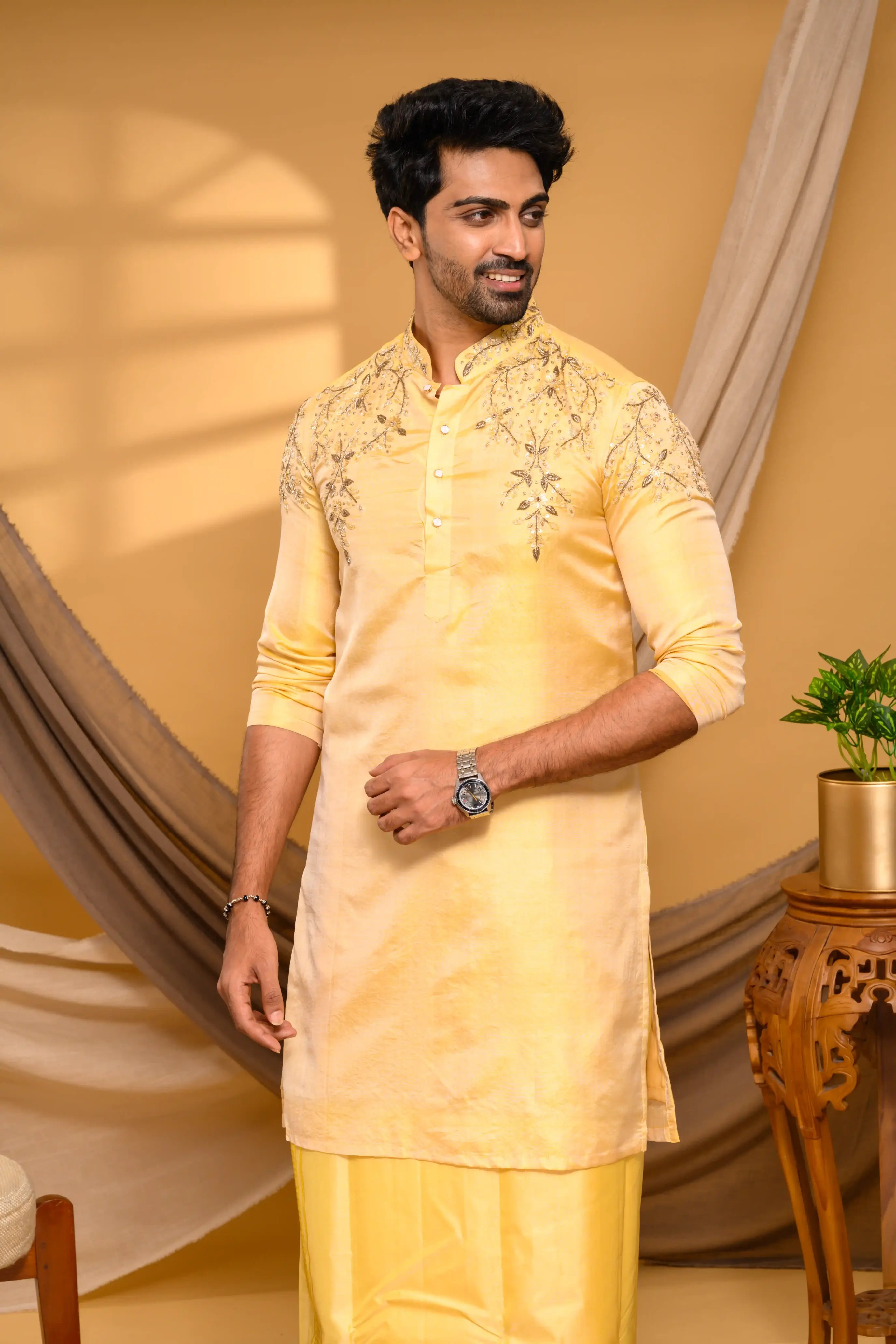 Golden Pure Silk Kurta with Heavy Floral Handwork Detailing on  Shoulders, Sleeves & Neck (Kurta Only)