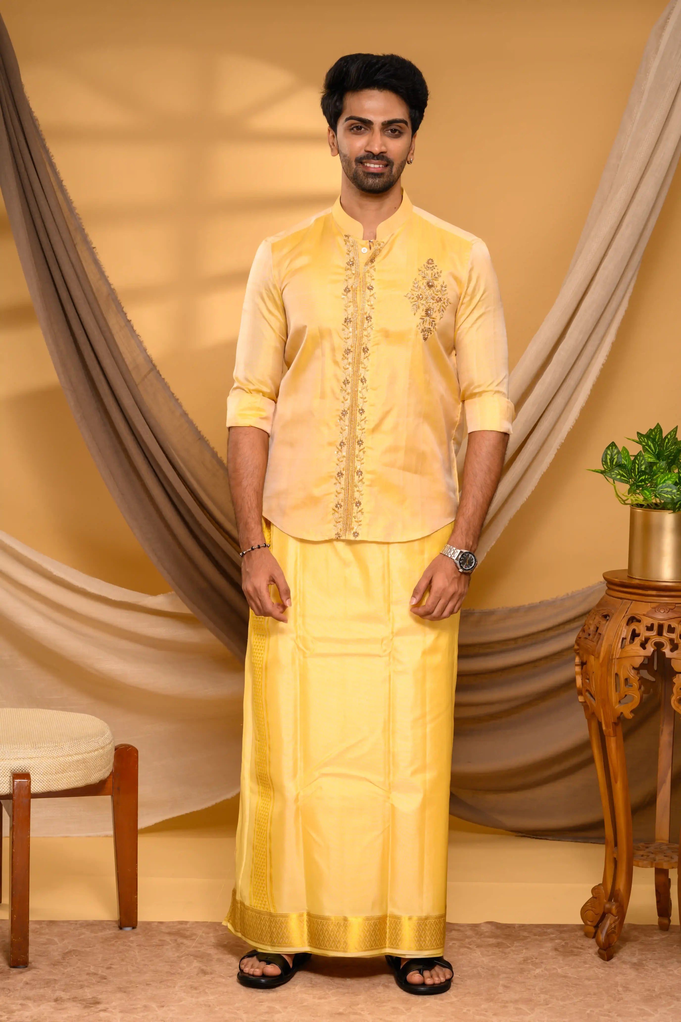Golden Pure Silk Shirt with Heavy Floral Handwork Detailing on  Chest & Concealed Placket (Shirt Only )