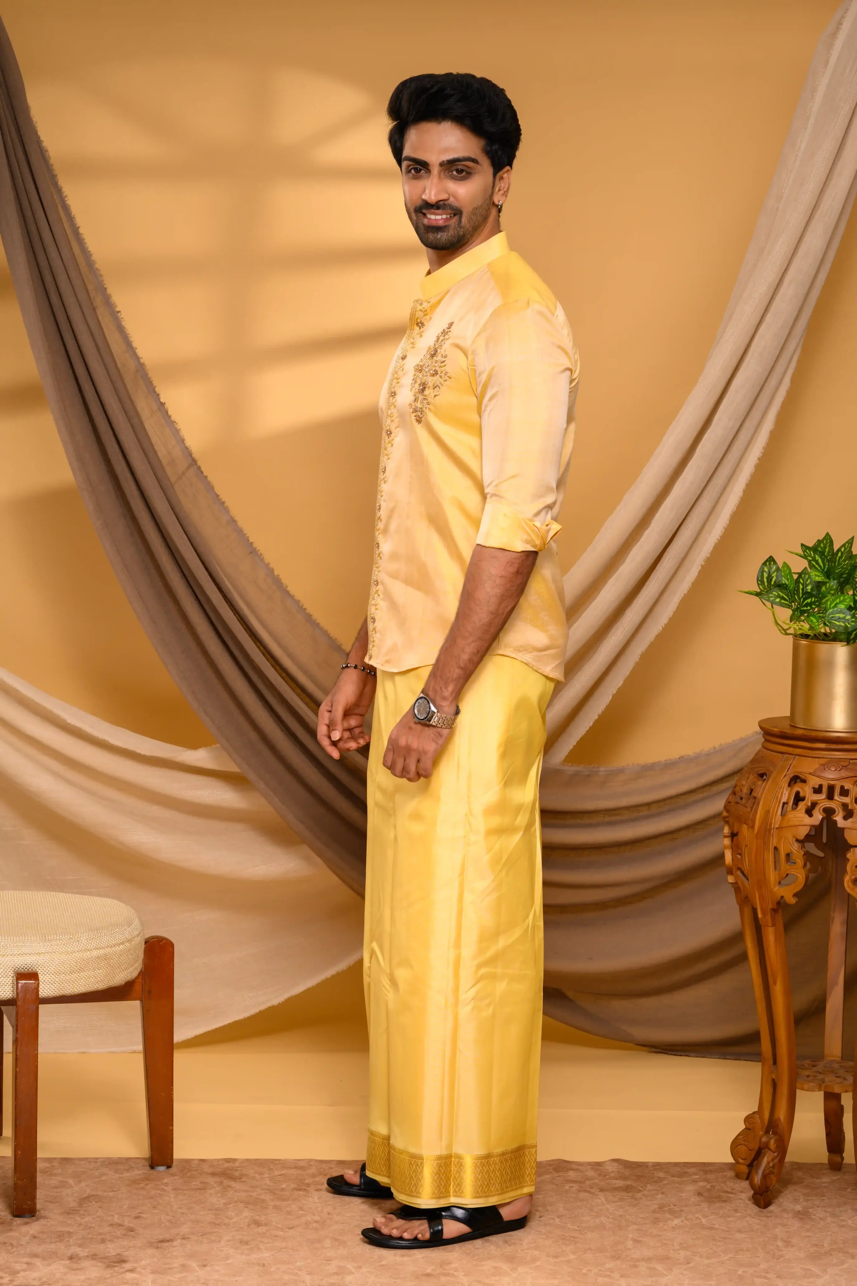 Golden Pure Silk Shirt with Heavy Floral Handwork Detailing on  Chest & Concealed Placket (Shirt Only )