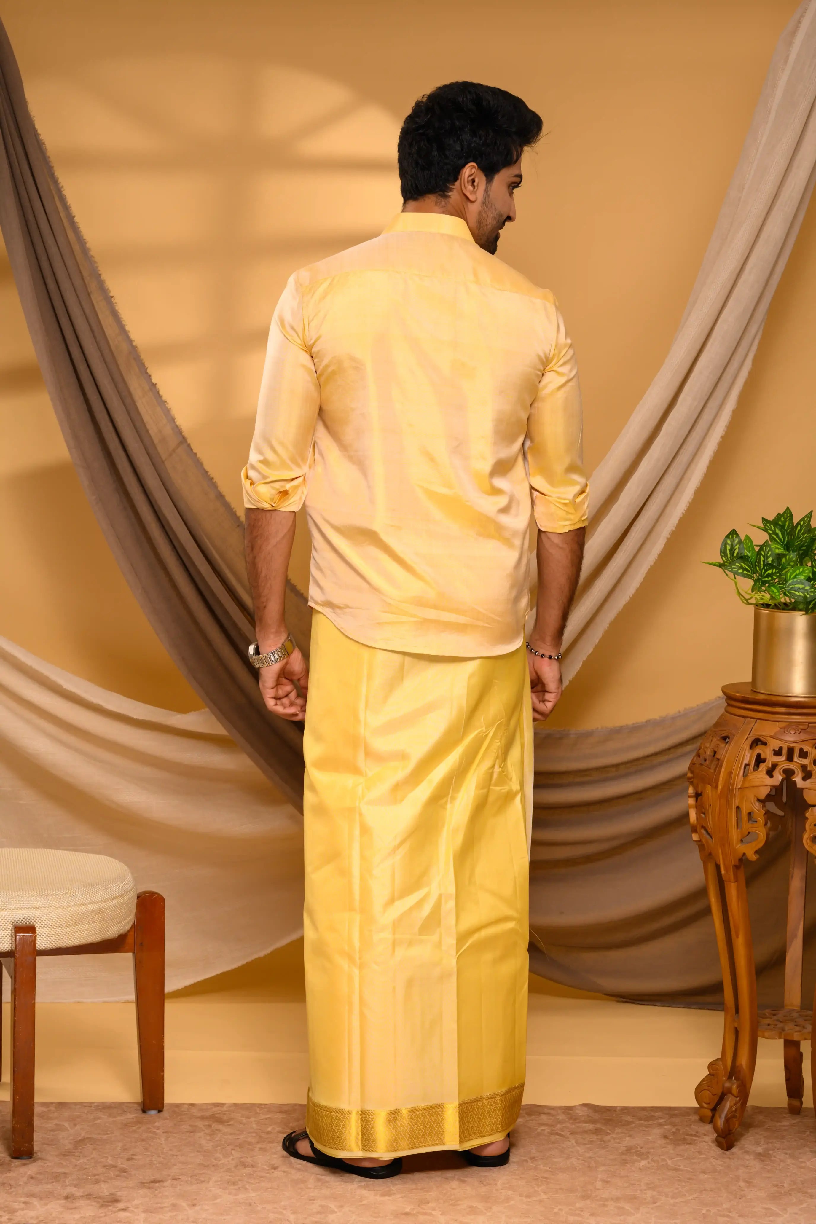 Golden Pure Silk Shirt with Heavy Floral Handwork Detailing on  Chest & Concealed Placket (Shirt Only )