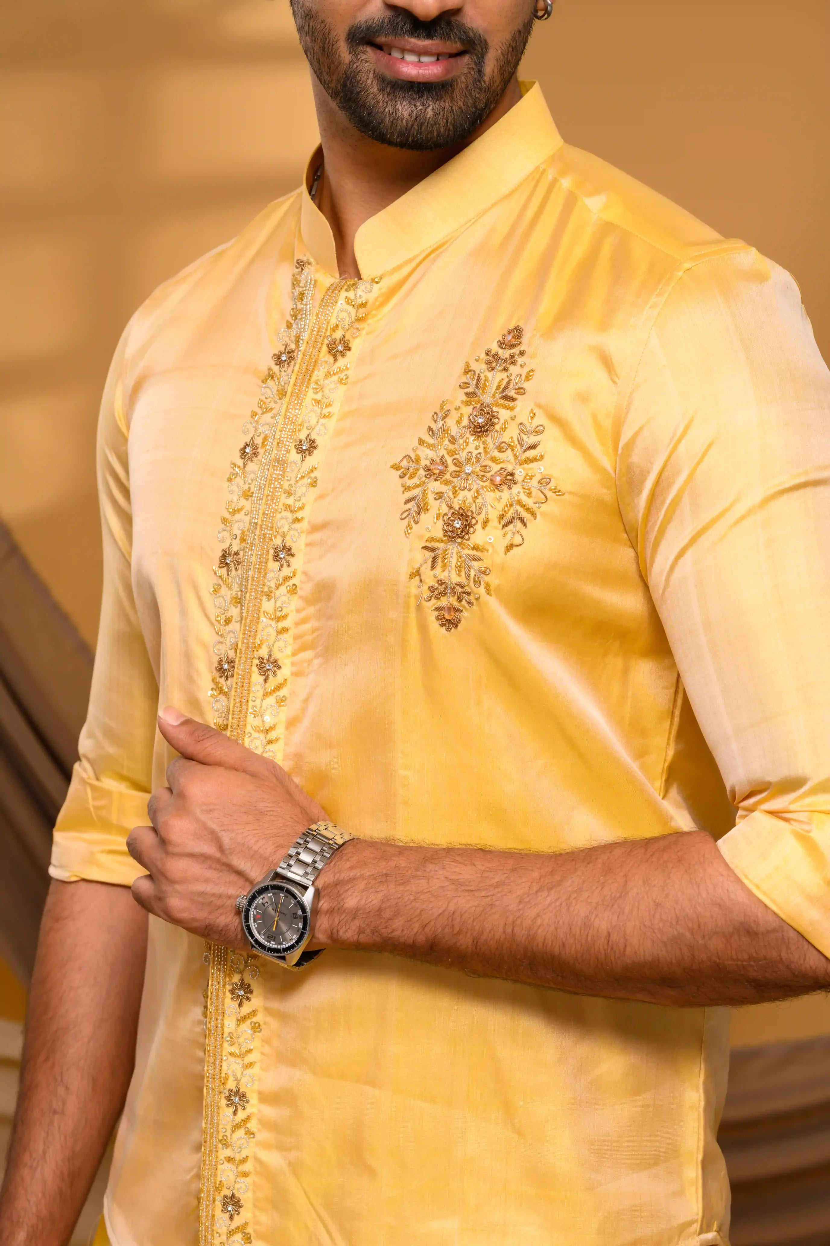 Golden Pure Silk Shirt with Heavy Floral Handwork Detailing on  Chest & Concealed Placket (Shirt Only )