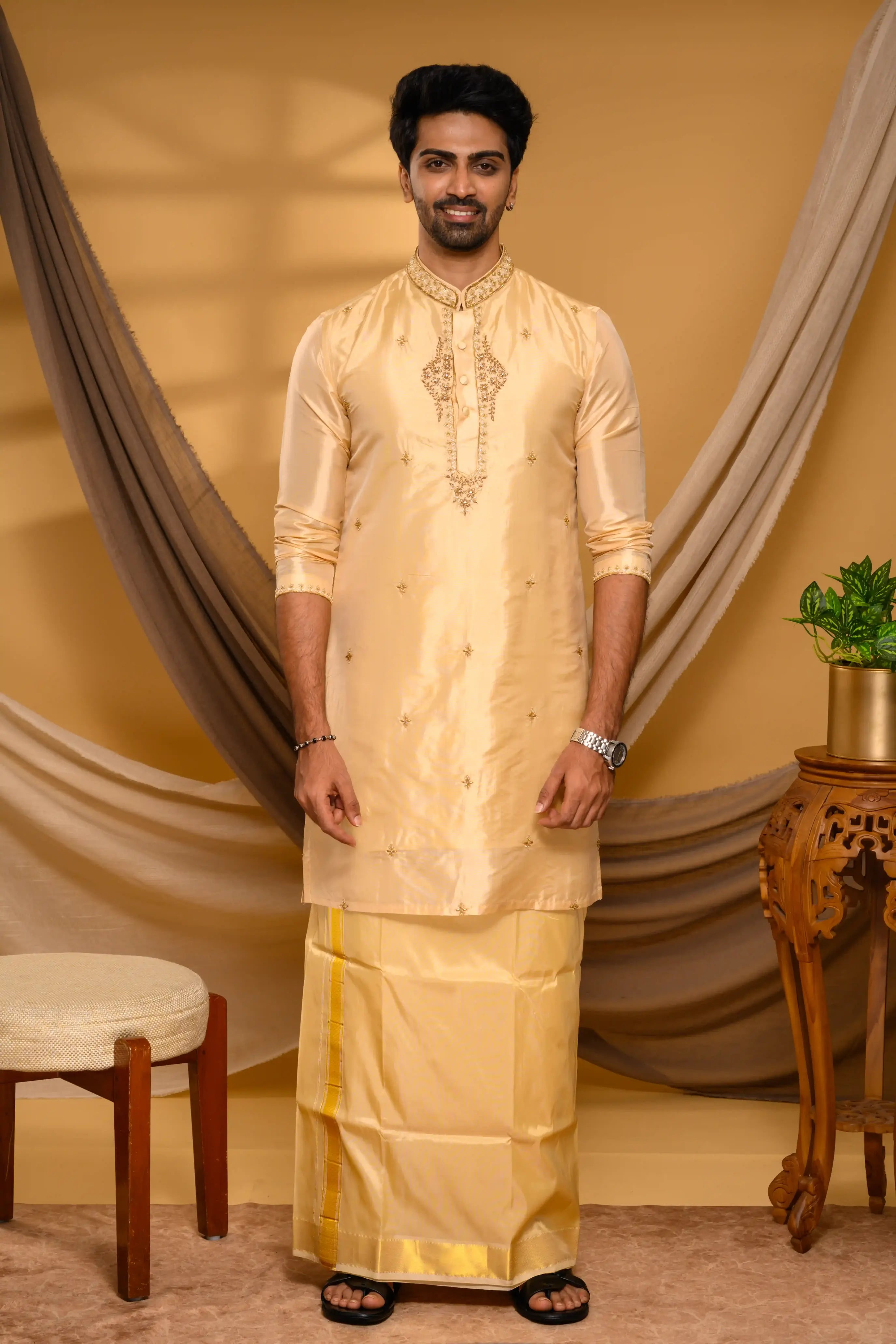 Light Golden Pure Silk Kurta with Heavy Floral Handwork Detailing on Neck, placket & sleeve edge (Kurta Only)