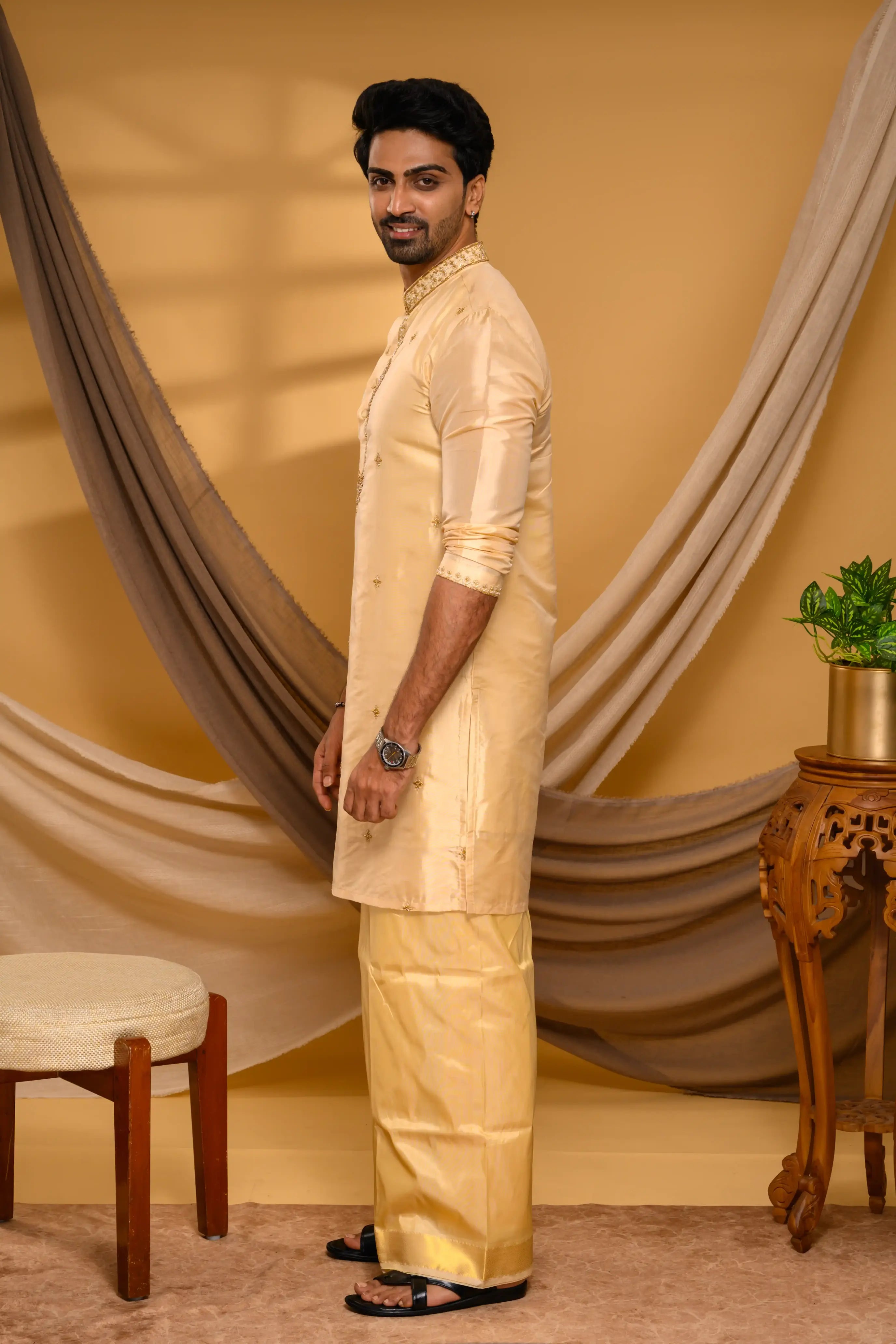 Light Golden Pure Silk Kurta with Heavy Floral Handwork Detailing on Neck, placket & sleeve edge (Kurta Only)