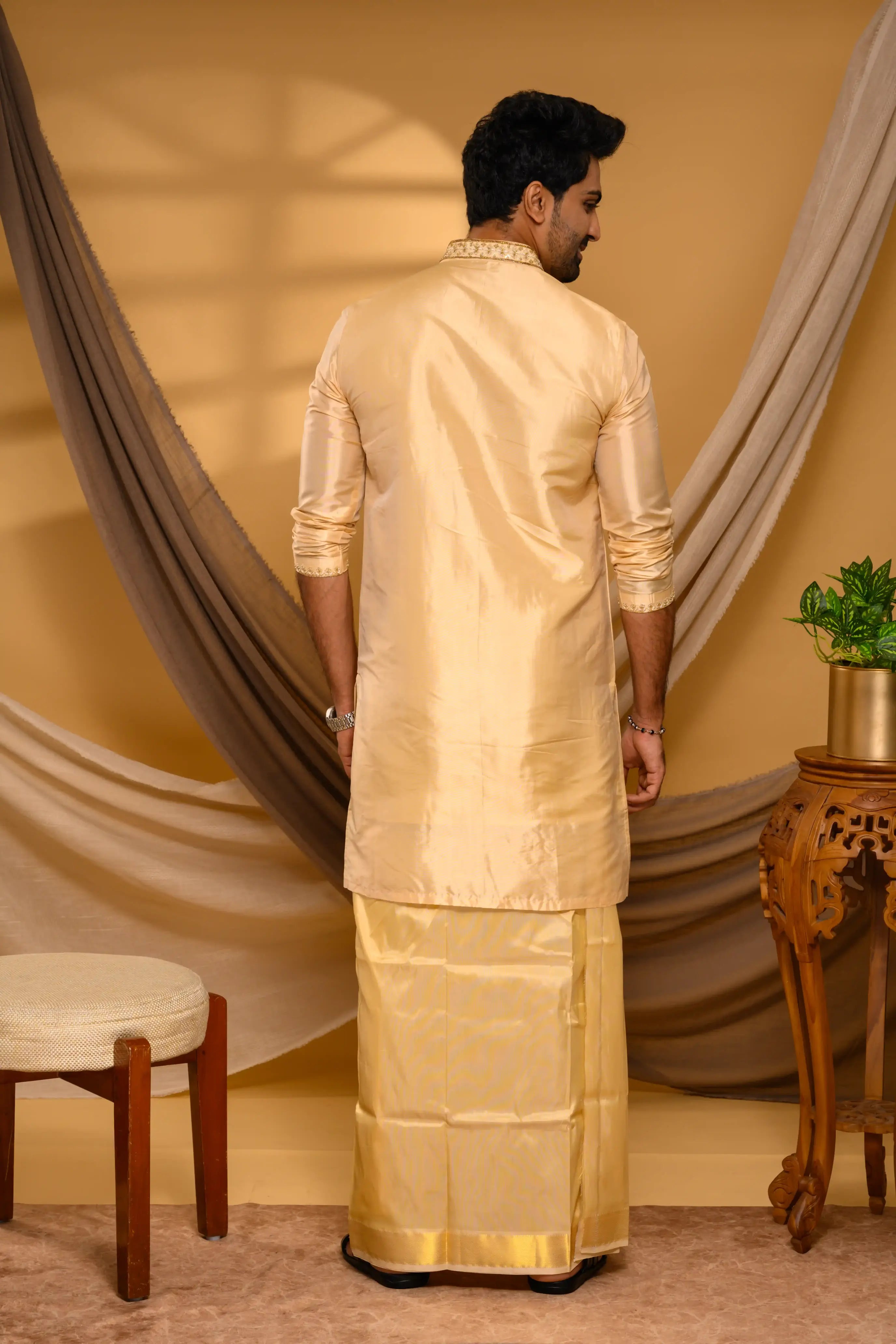 Light Golden Pure Silk Kurta with Heavy Floral Handwork Detailing on Neck, placket & sleeve edge (Kurta Only)