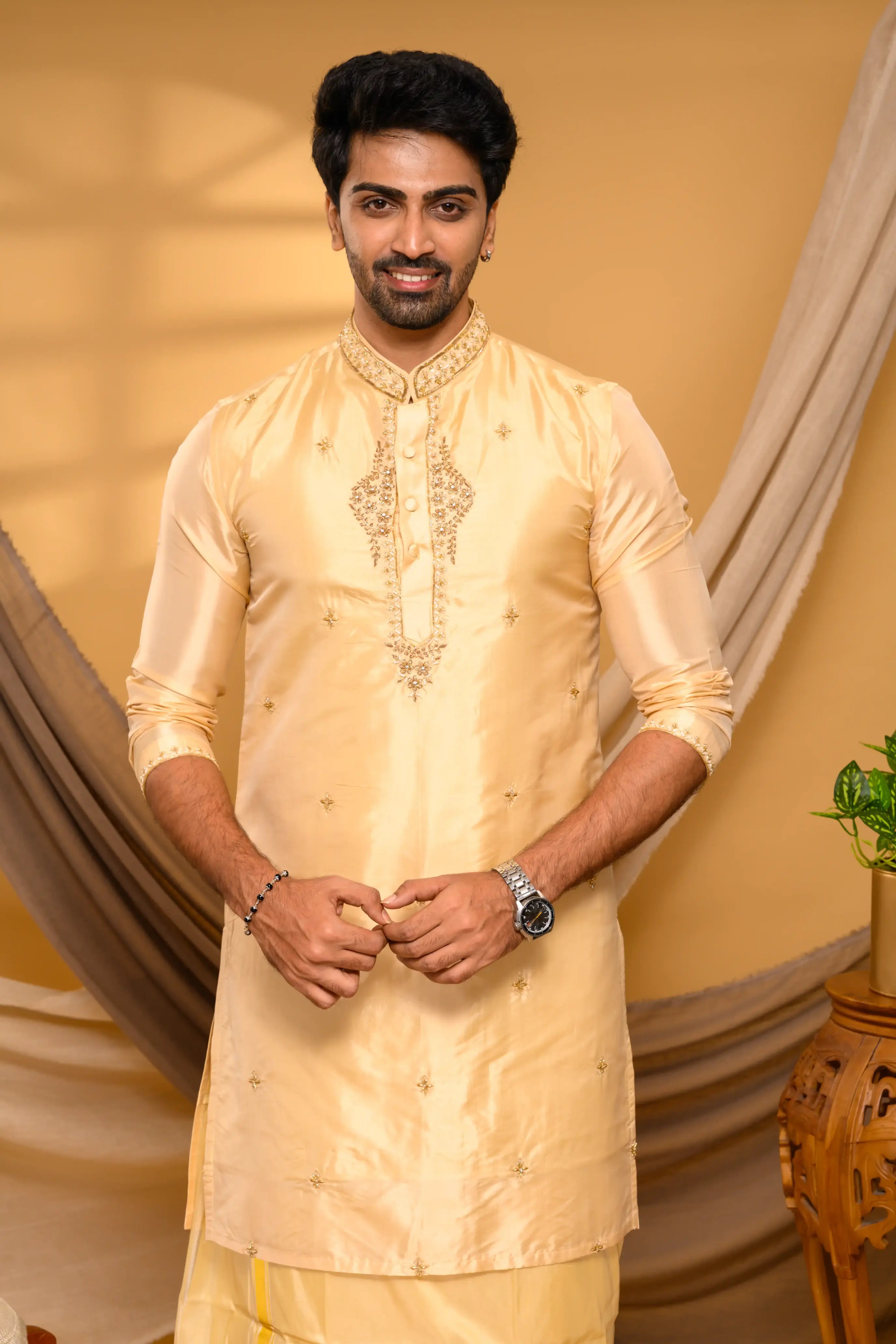 Light Golden Pure Silk Kurta with Heavy Floral Handwork Detailing on Neck, placket & sleeve edge (Kurta Only)