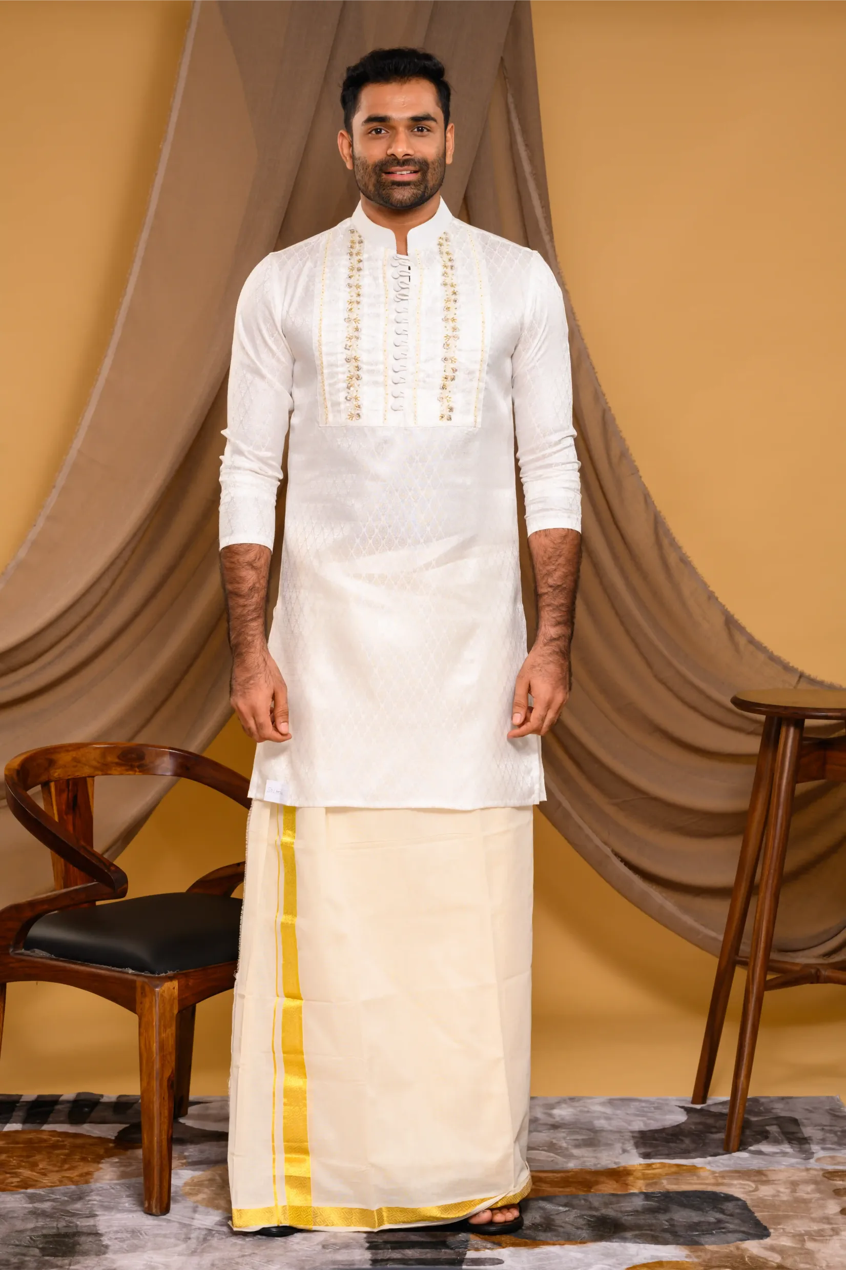 Ivory Silk Brocade Kurta with Heavy Golden Handwork detailing  on wide Placket Border(Kurta Only)