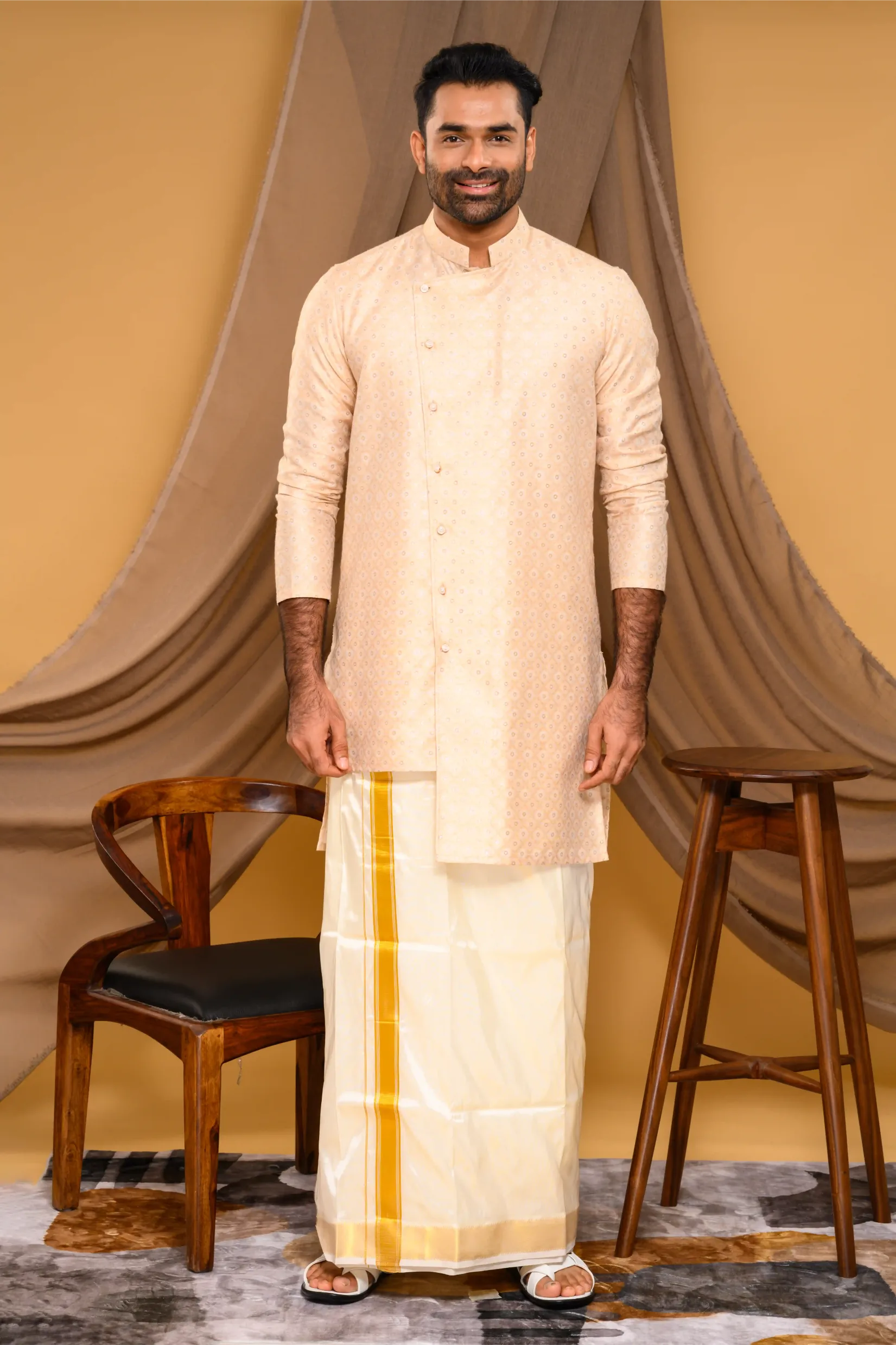 Light Champagne Golden Side Open Asymmetrical Brocade Kurta (Kurta Only)