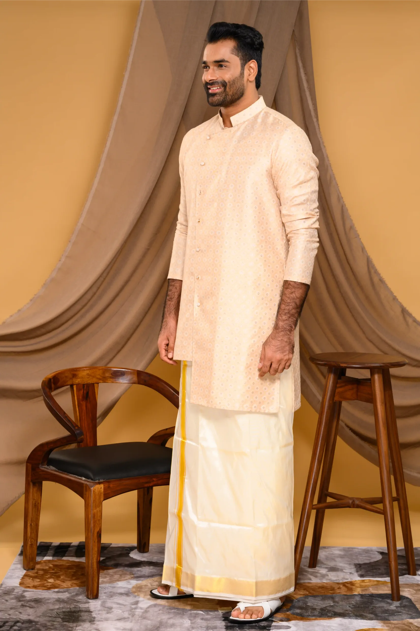 Light Champagne Golden Side Open Asymmetrical Brocade Kurta (Kurta Only)