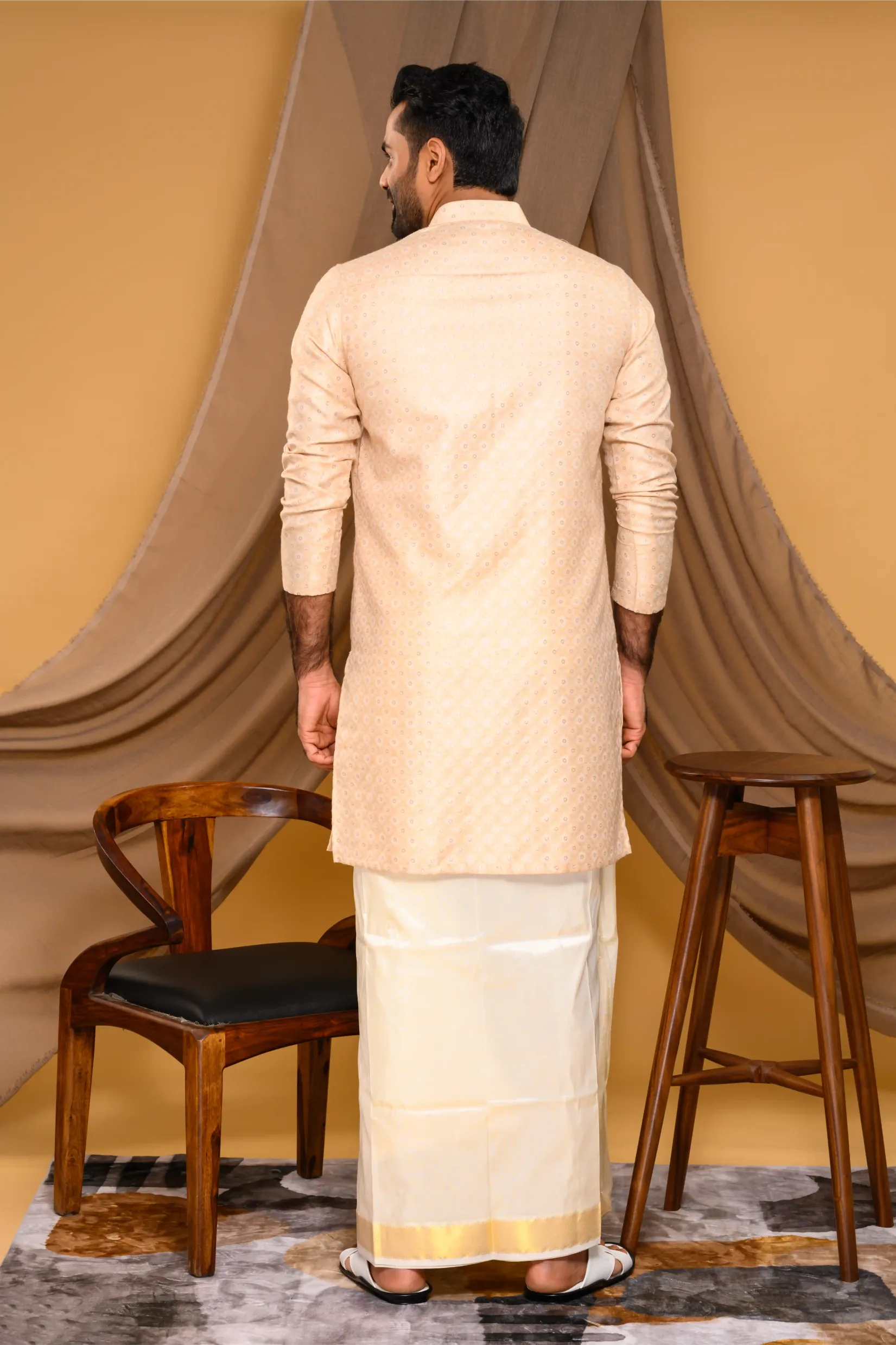 Light Champagne Golden Side Open Asymmetrical Brocade Kurta (Kurta Only)