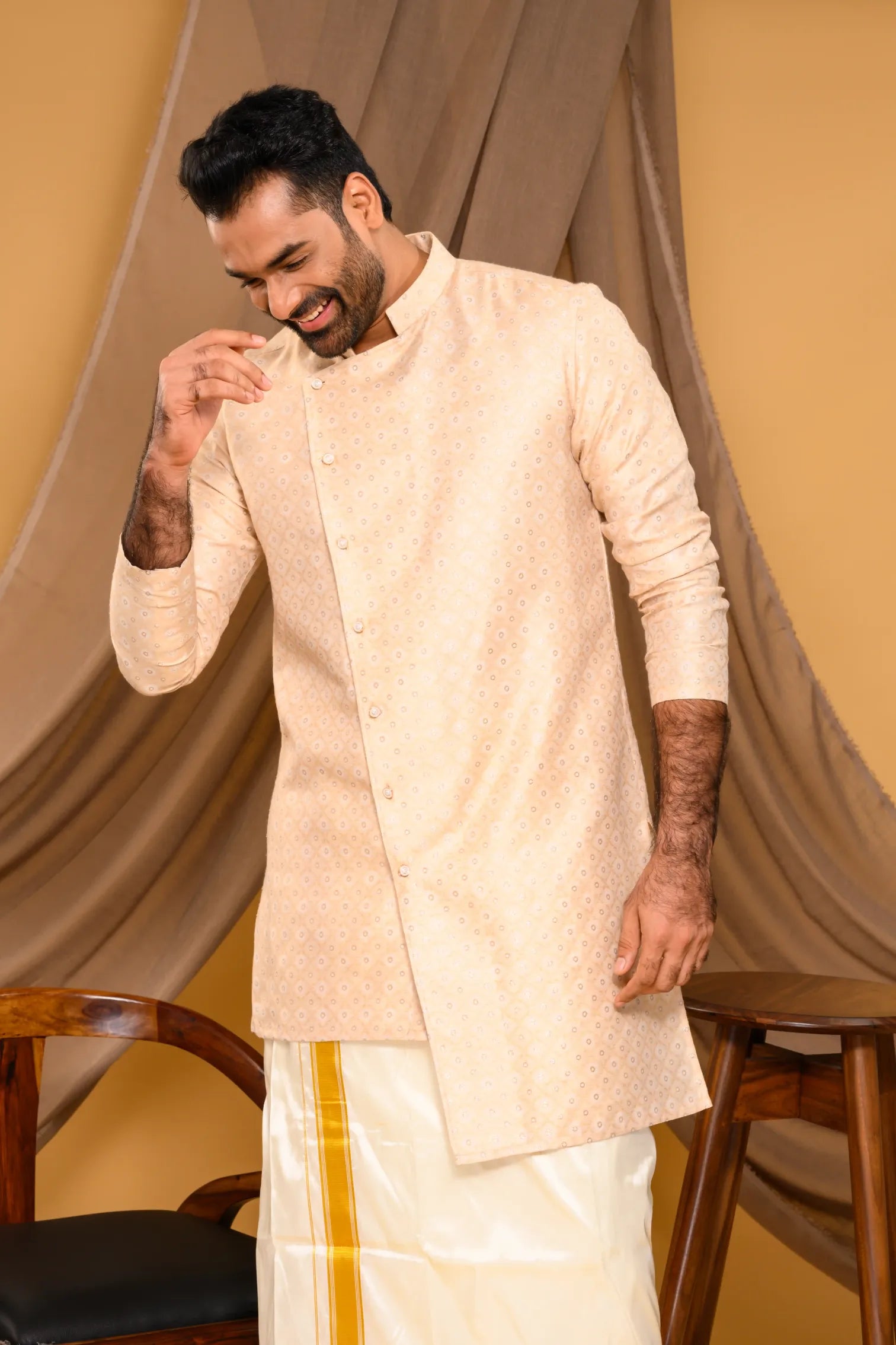Light Champagne Golden Side Open Asymmetrical Brocade Kurta (Kurta Only)