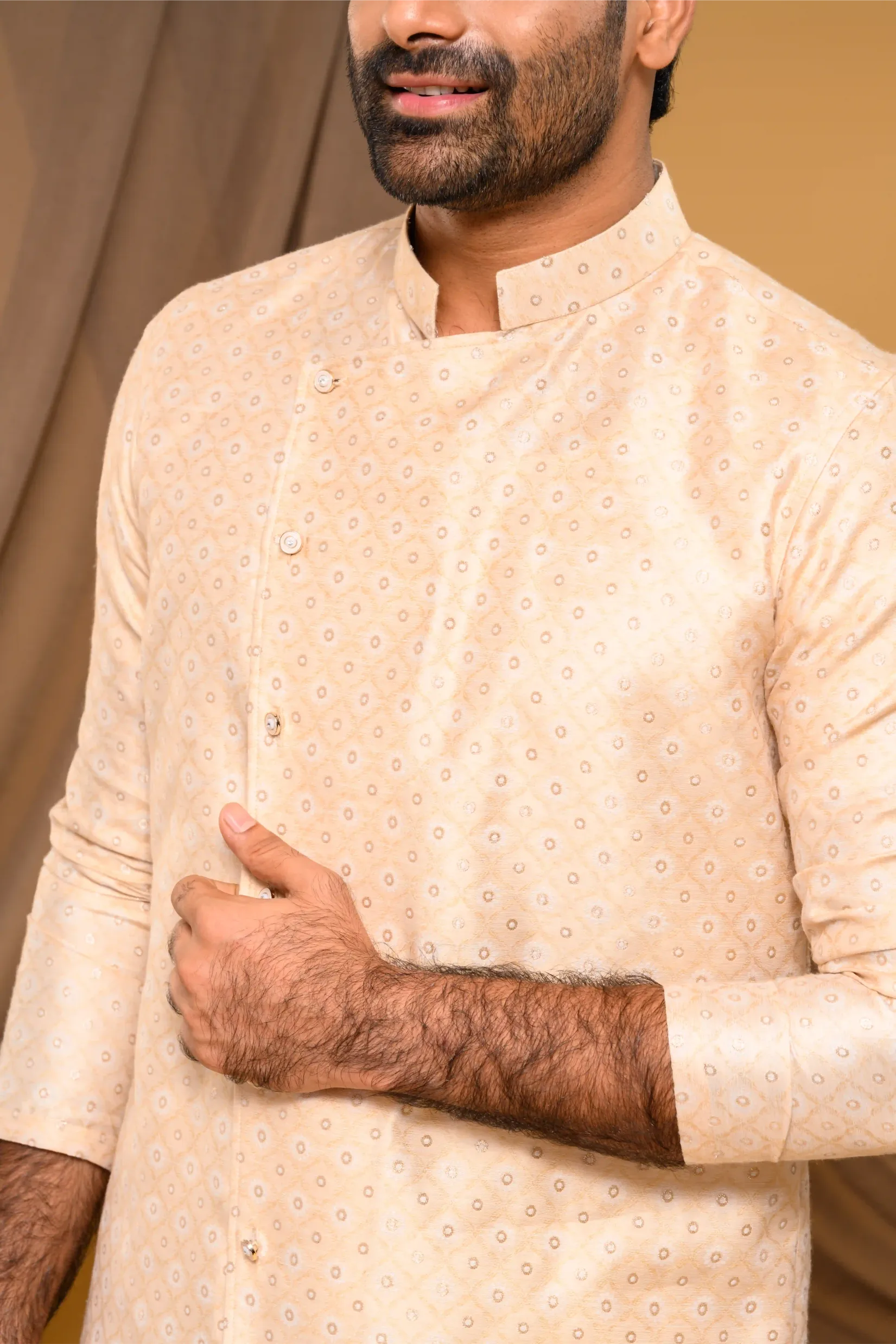 Light Champagne Golden Side Open Asymmetrical Brocade Kurta (Kurta Only)