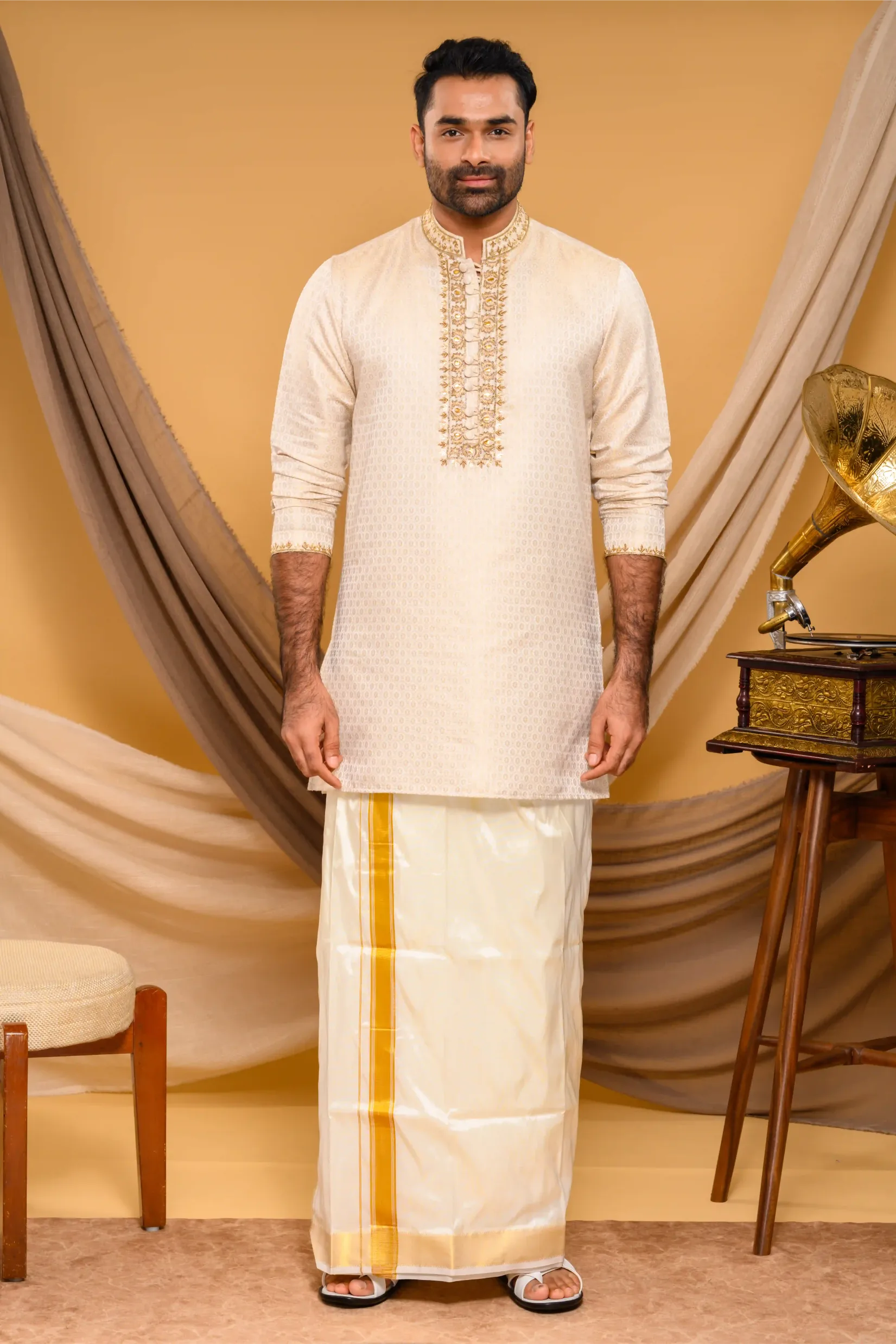 Oatmeal golden Silk Brocade Kurta with Heavy Golden Handwork detailing on neck, placket border & sleeve edge (Kurta Only)