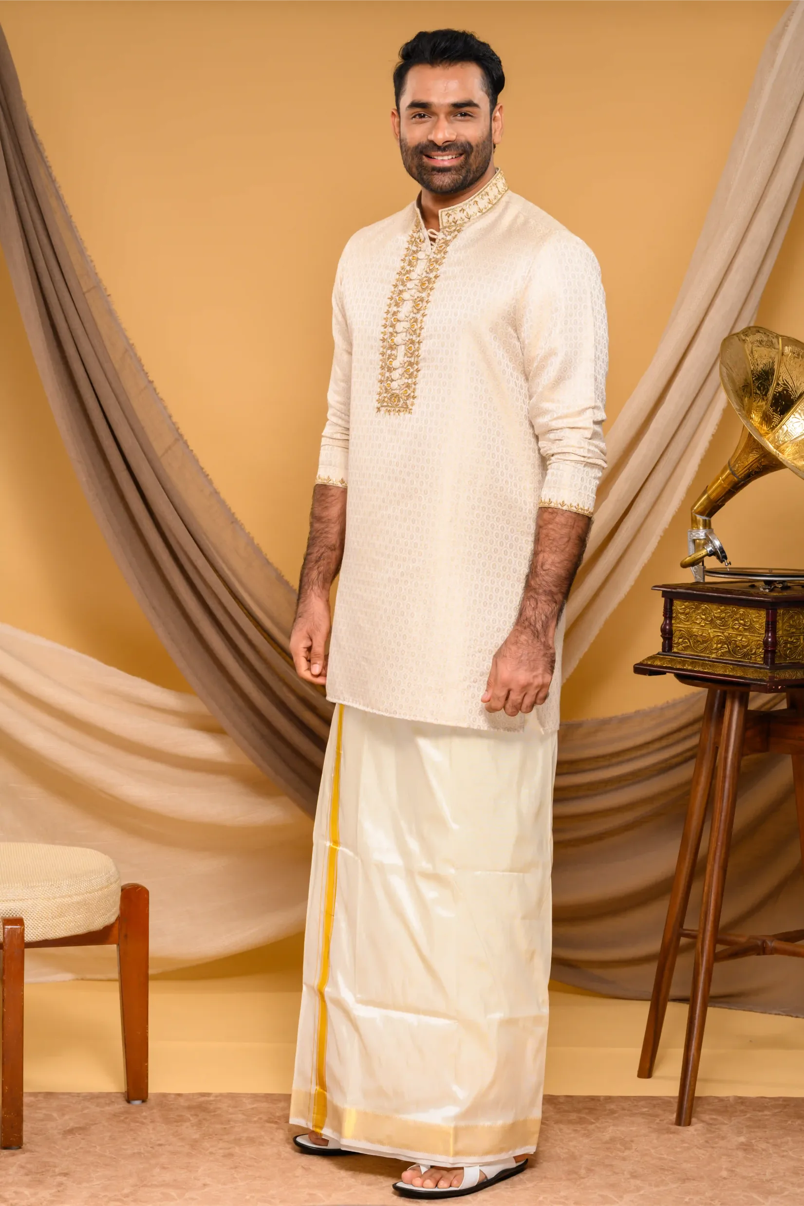 Oatmeal golden Silk Brocade Kurta with Heavy Golden Handwork detailing on neck, placket border & sleeve edge (Kurta Only)