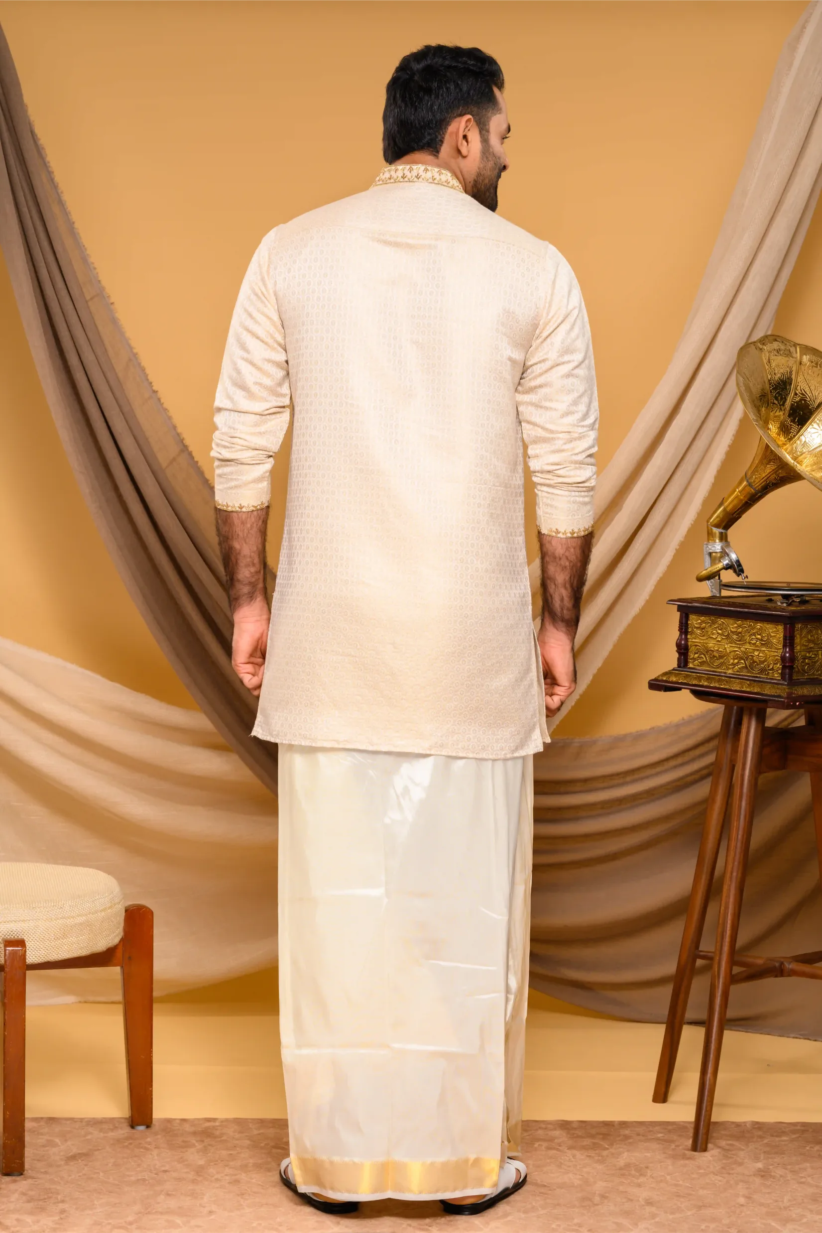 Oatmeal golden Silk Brocade Kurta with Heavy Golden Handwork detailing on neck, placket border & sleeve edge (Kurta Only)
