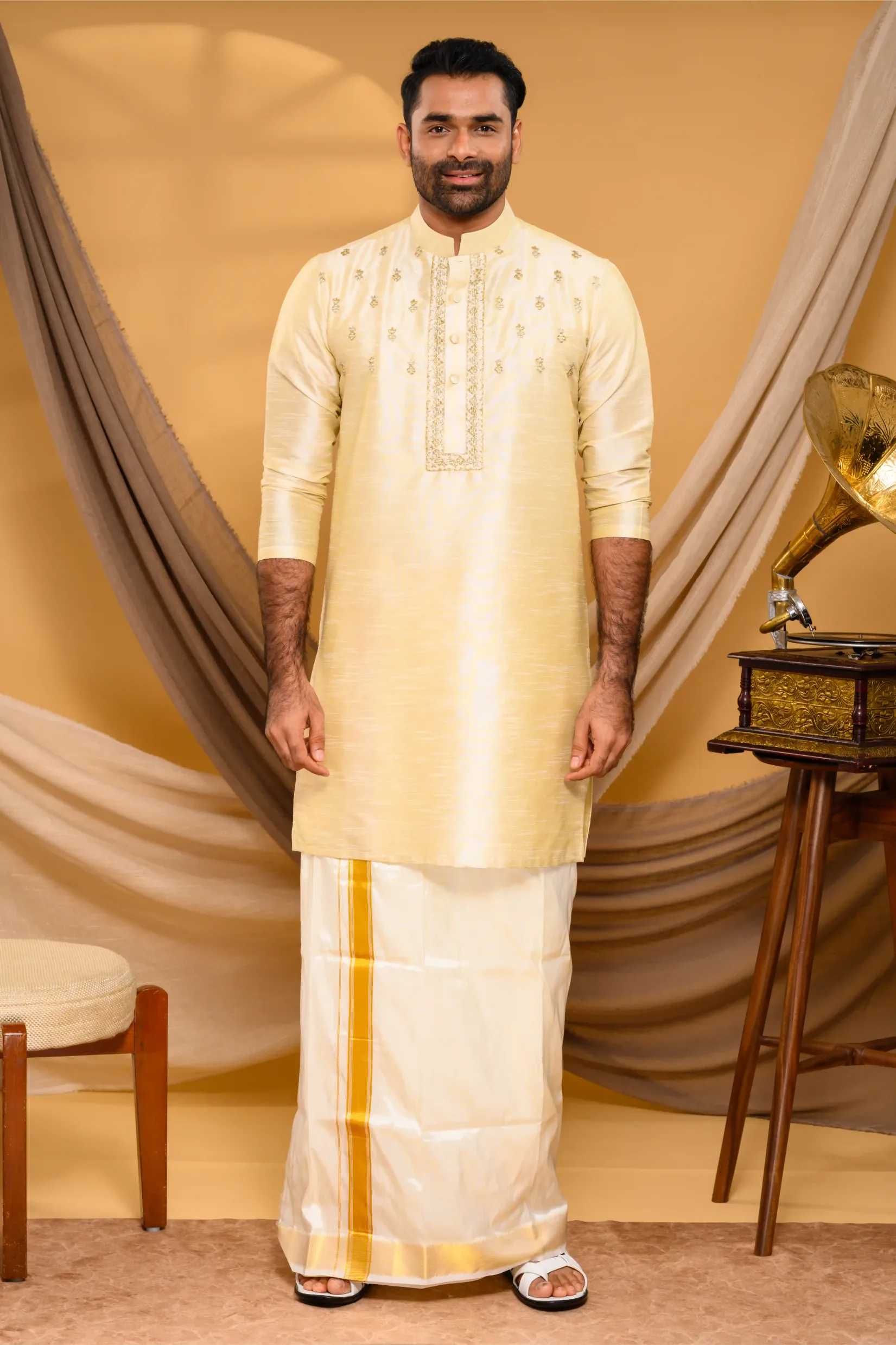 Light Golden Silk Kurta with  Golden Handwork detailing  on placket border & Chest (Kurta Only)