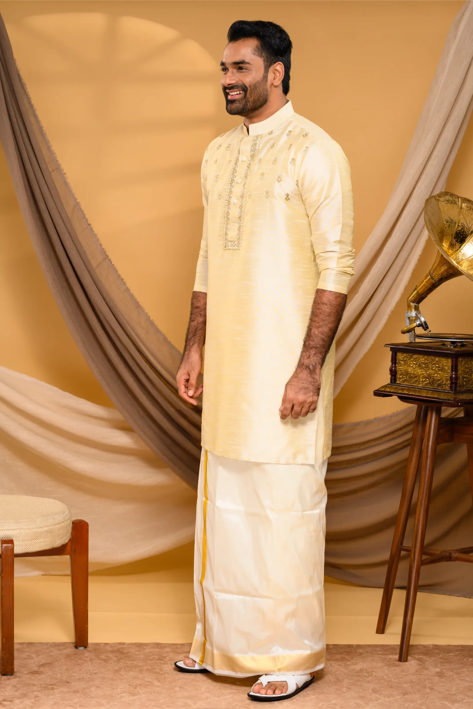 Light Golden Silk Kurta with  Golden Handwork detailing  on placket border & Chest (Kurta Only)