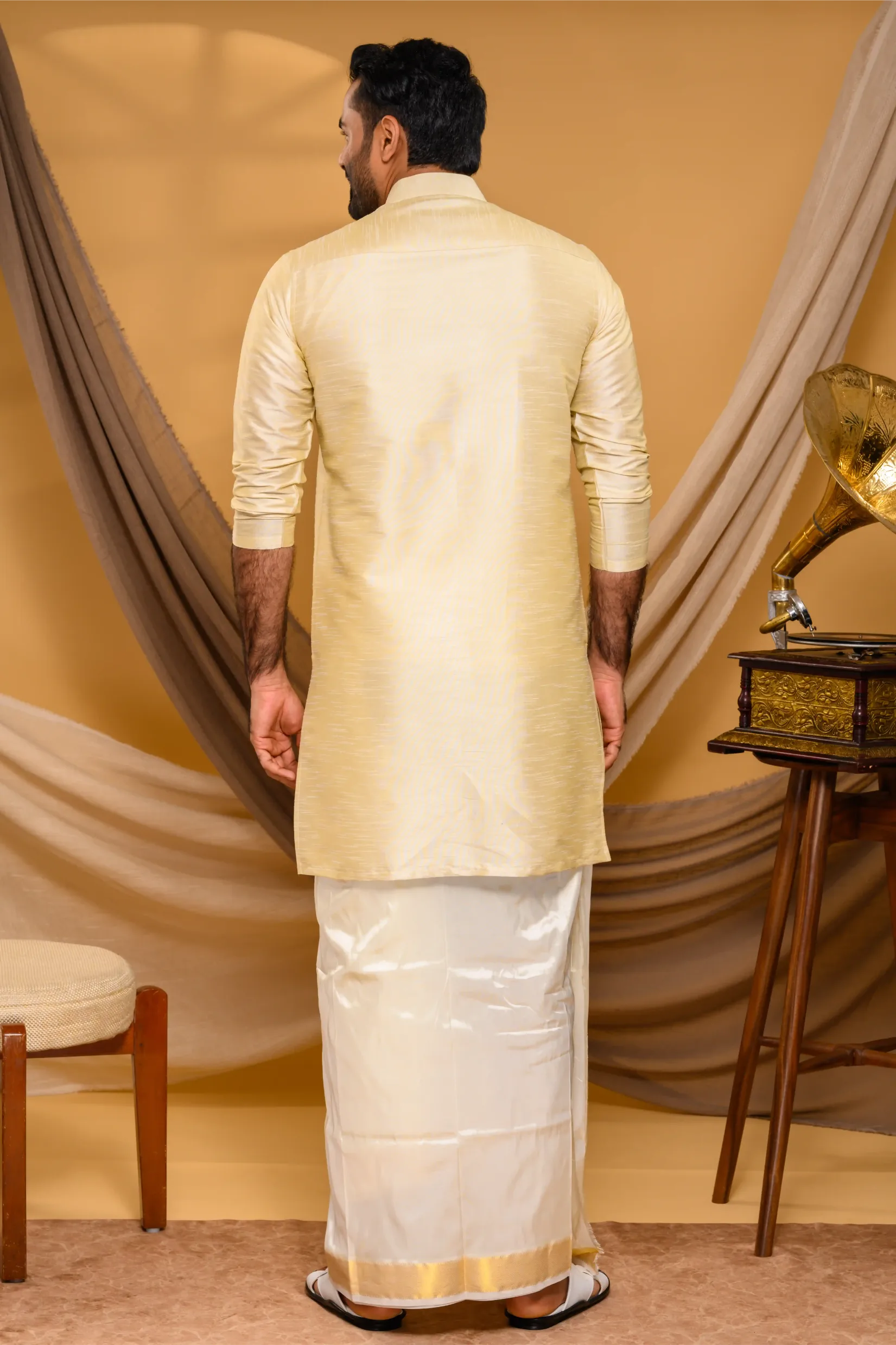 Light Golden Silk Kurta with  Golden Handwork detailing  on placket border & Chest (Kurta Only)