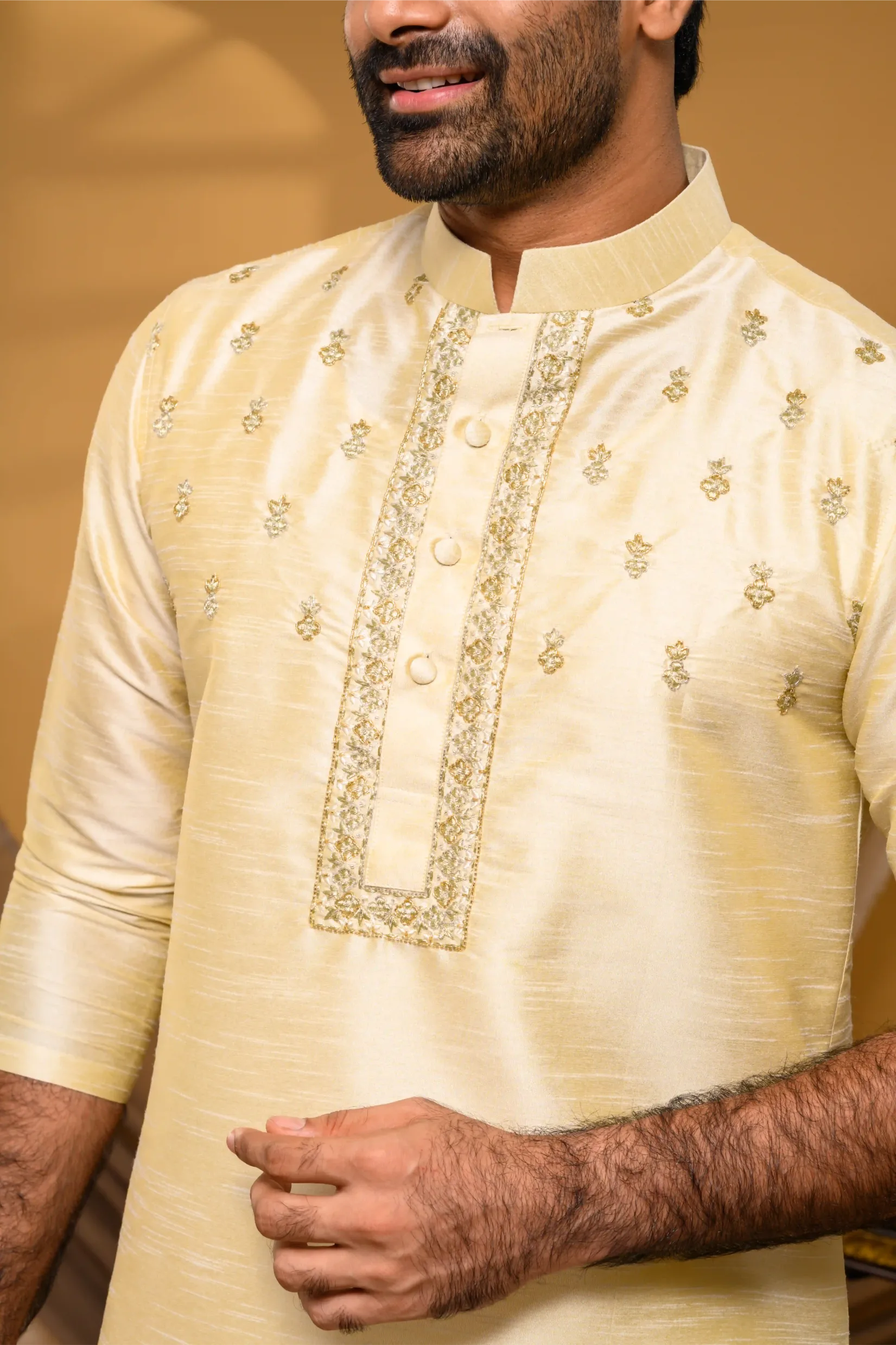 Light Golden Silk Kurta with  Golden Handwork detailing  on placket border & Chest (Kurta Only)