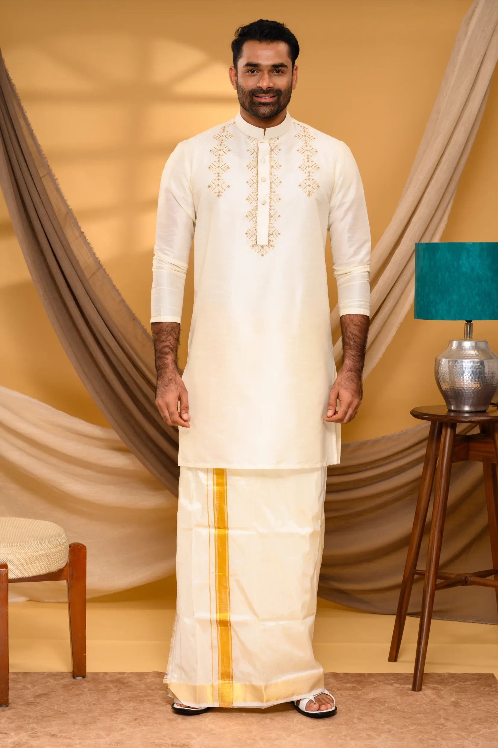 Ivory Silk Kurta with Hand Embroidery detailing on Placket & Chest (Kurta Only)