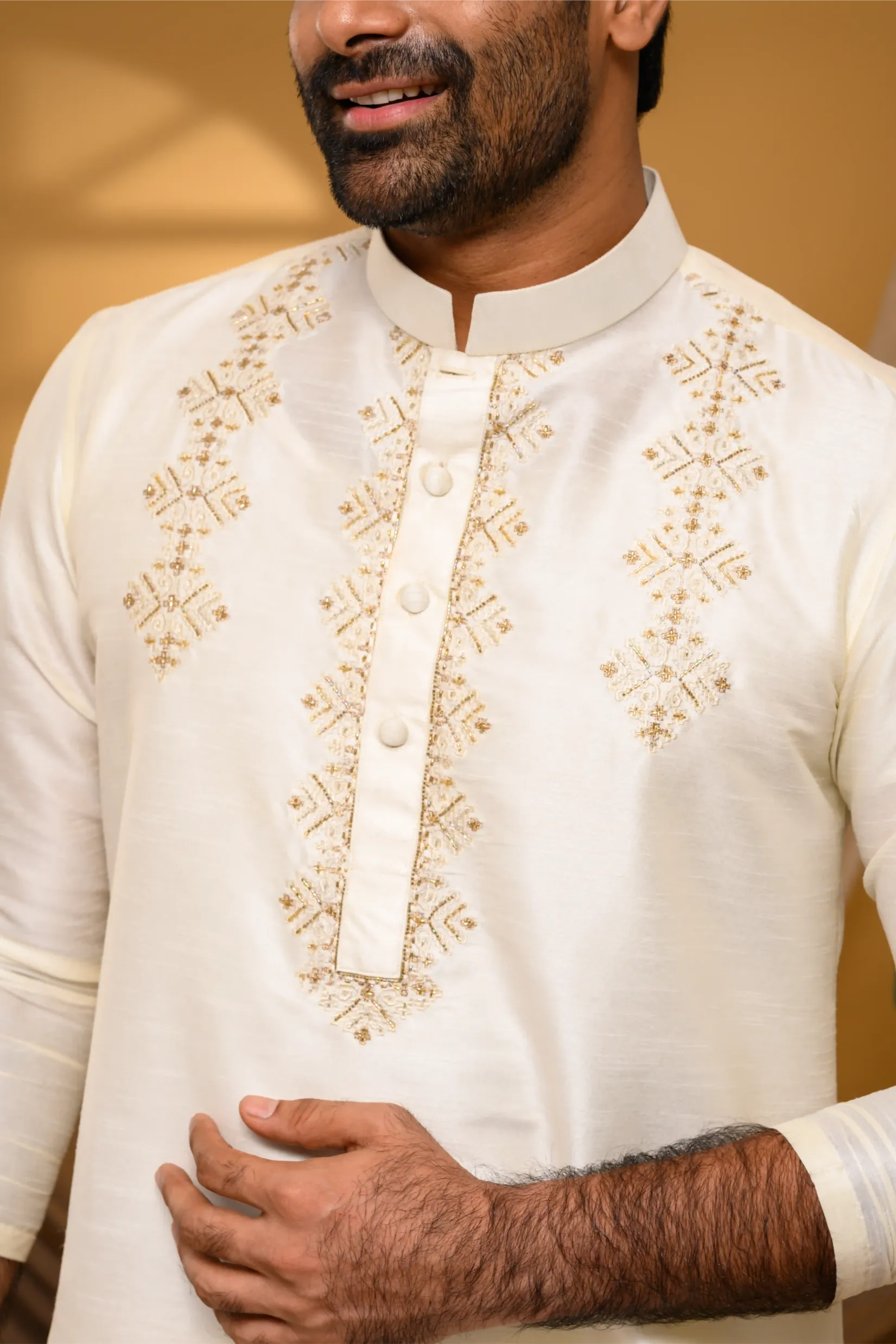 Ivory Silk Kurta with Hand Embroidery detailing on Placket & Chest (Kurta Only)