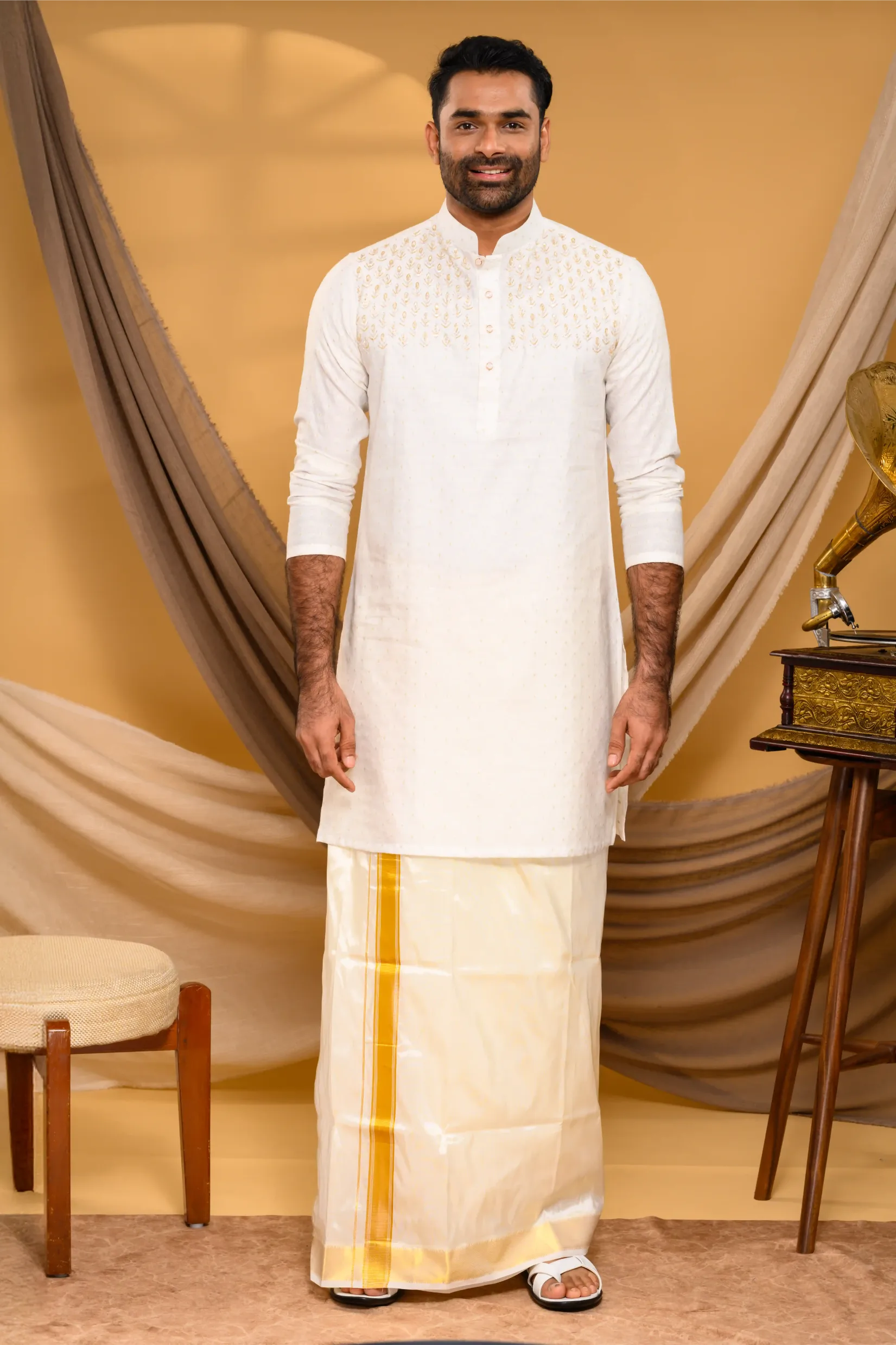 Ivory Silk Kurta with Hand Embroidery detailing  only on Chest (Kurta Only)