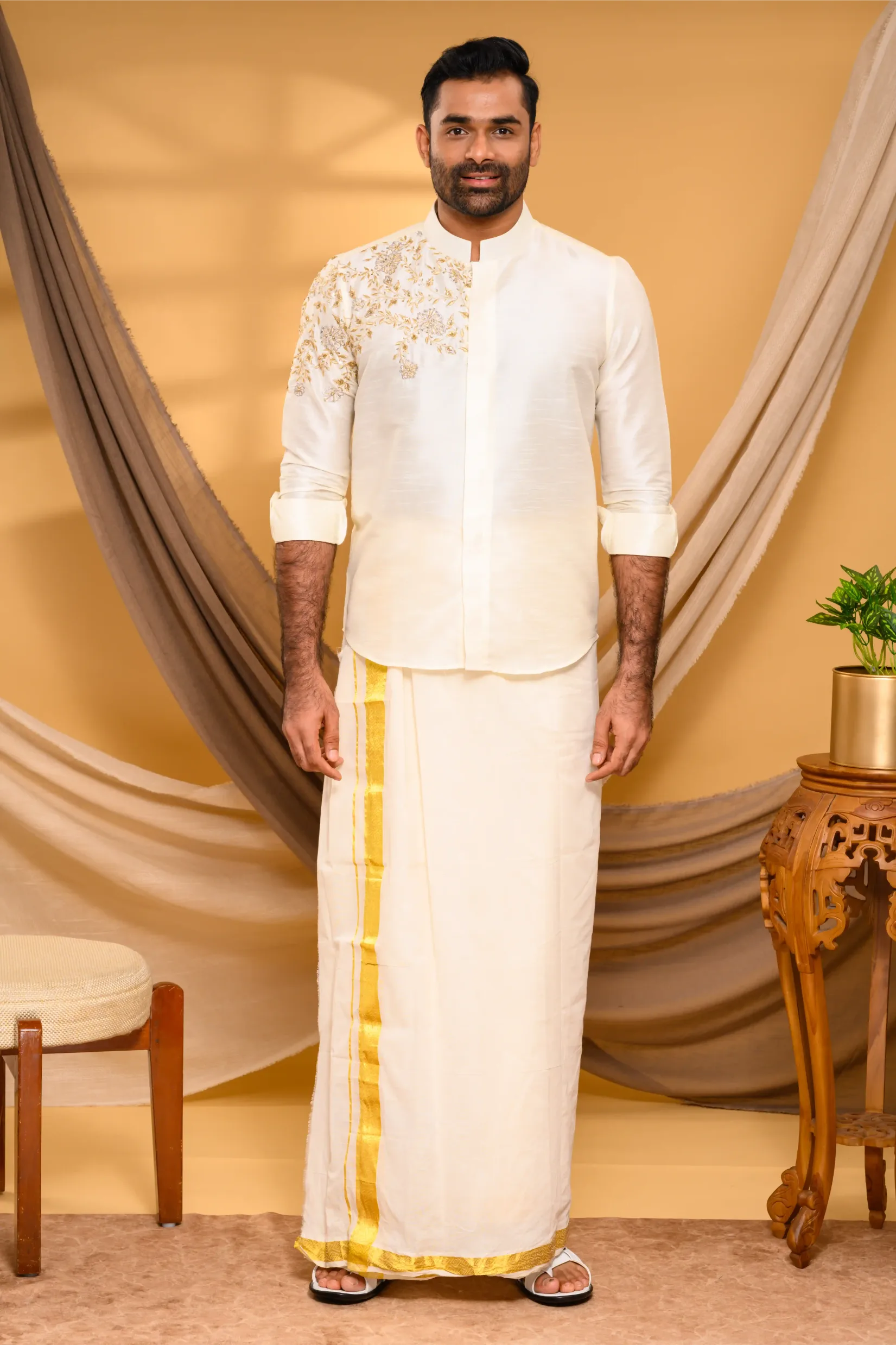 Ivory Silk  Traditional Shirt with Hand Embroidery detailing on Single SIde (Shirt Only)