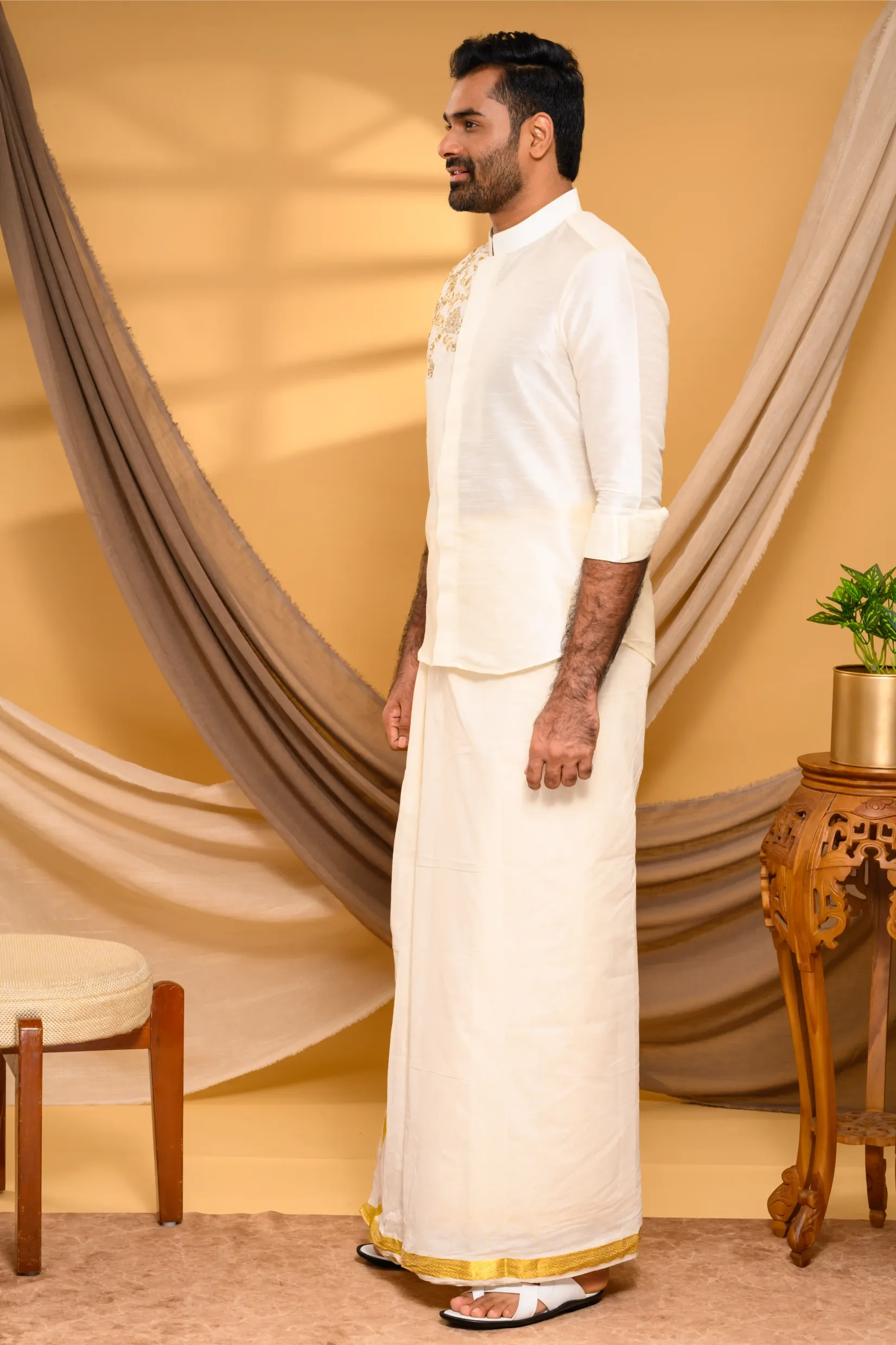 Ivory Silk  Traditional Shirt with Hand Embroidery detailing on Single SIde (Shirt Only)