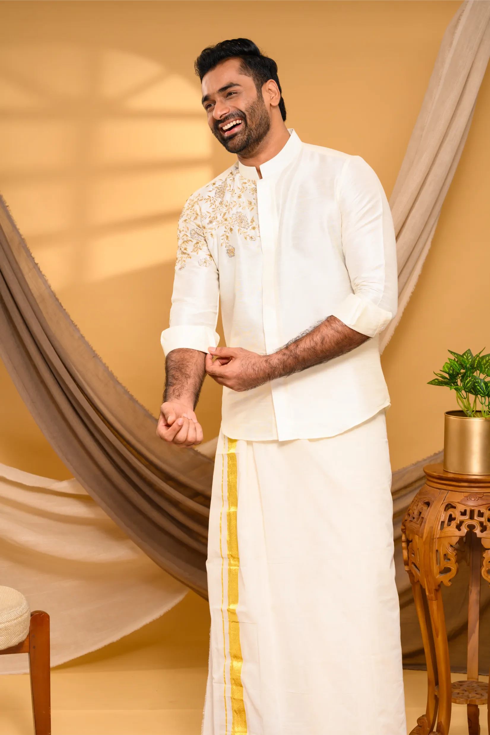 Ivory Silk  Traditional Shirt with Hand Embroidery detailing on Single SIde (Shirt Only)
