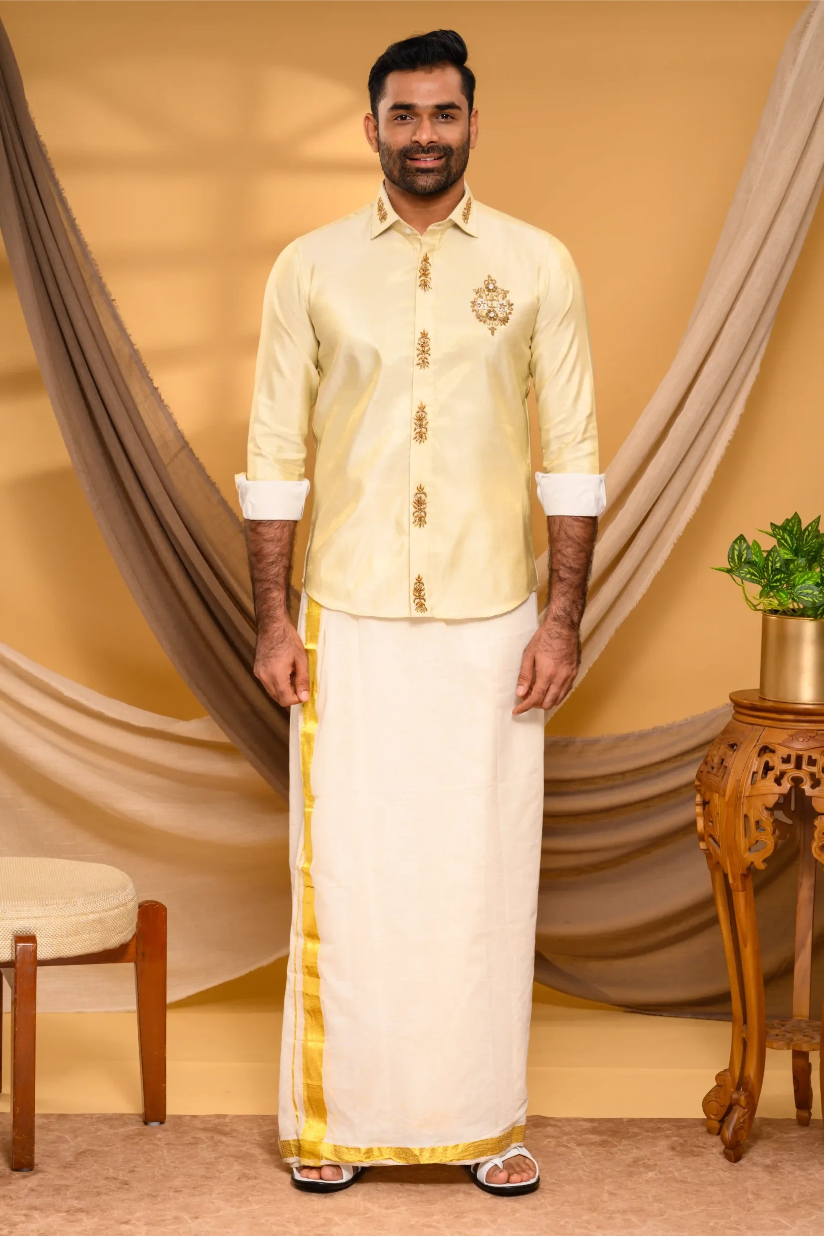 Light Golden Tissue Silk Shirt with Light Hand Embroidery Detailing (Shirt Only )