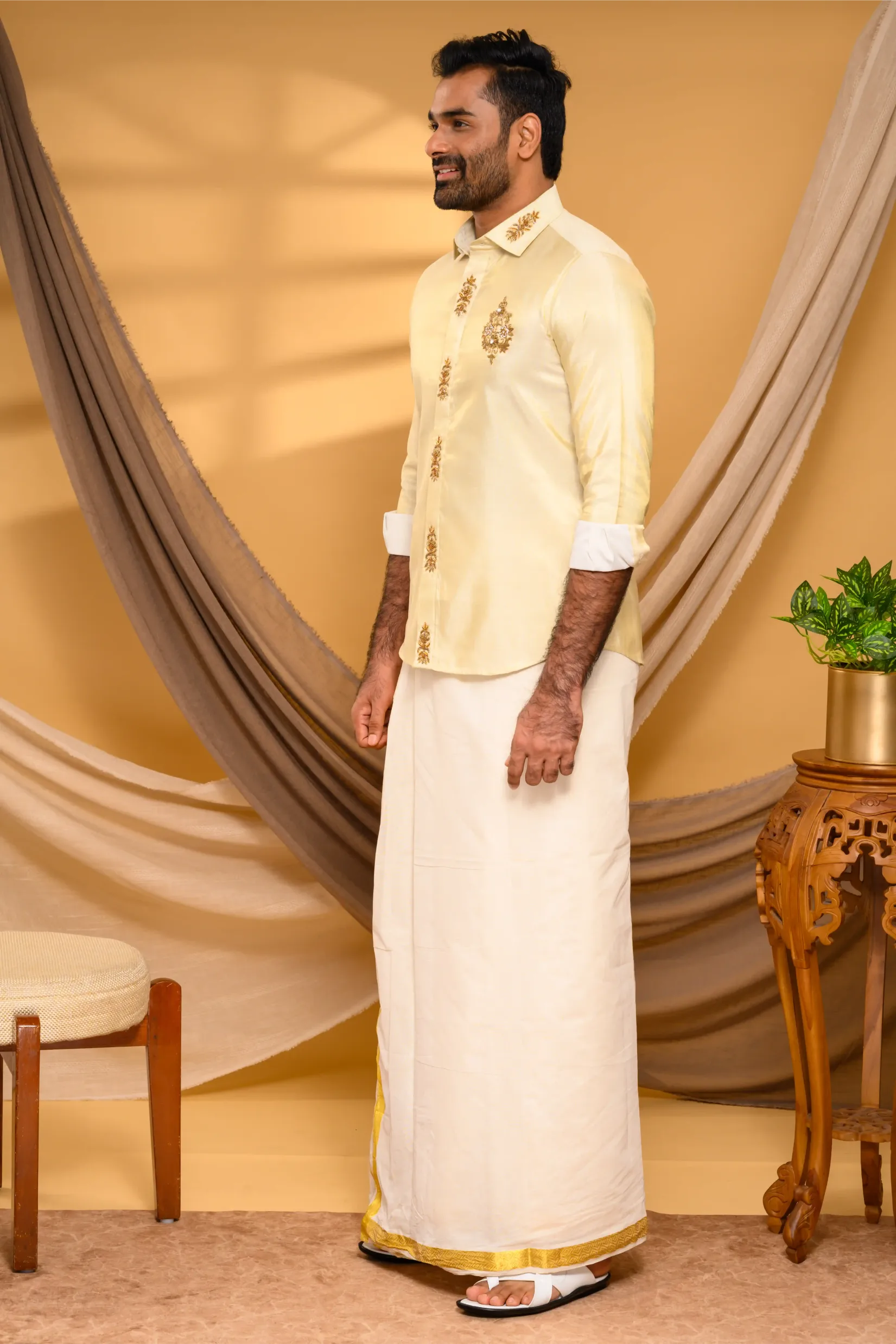 Light Golden Tissue Silk Shirt with Light Hand Embroidery Detailing (Shirt Only )