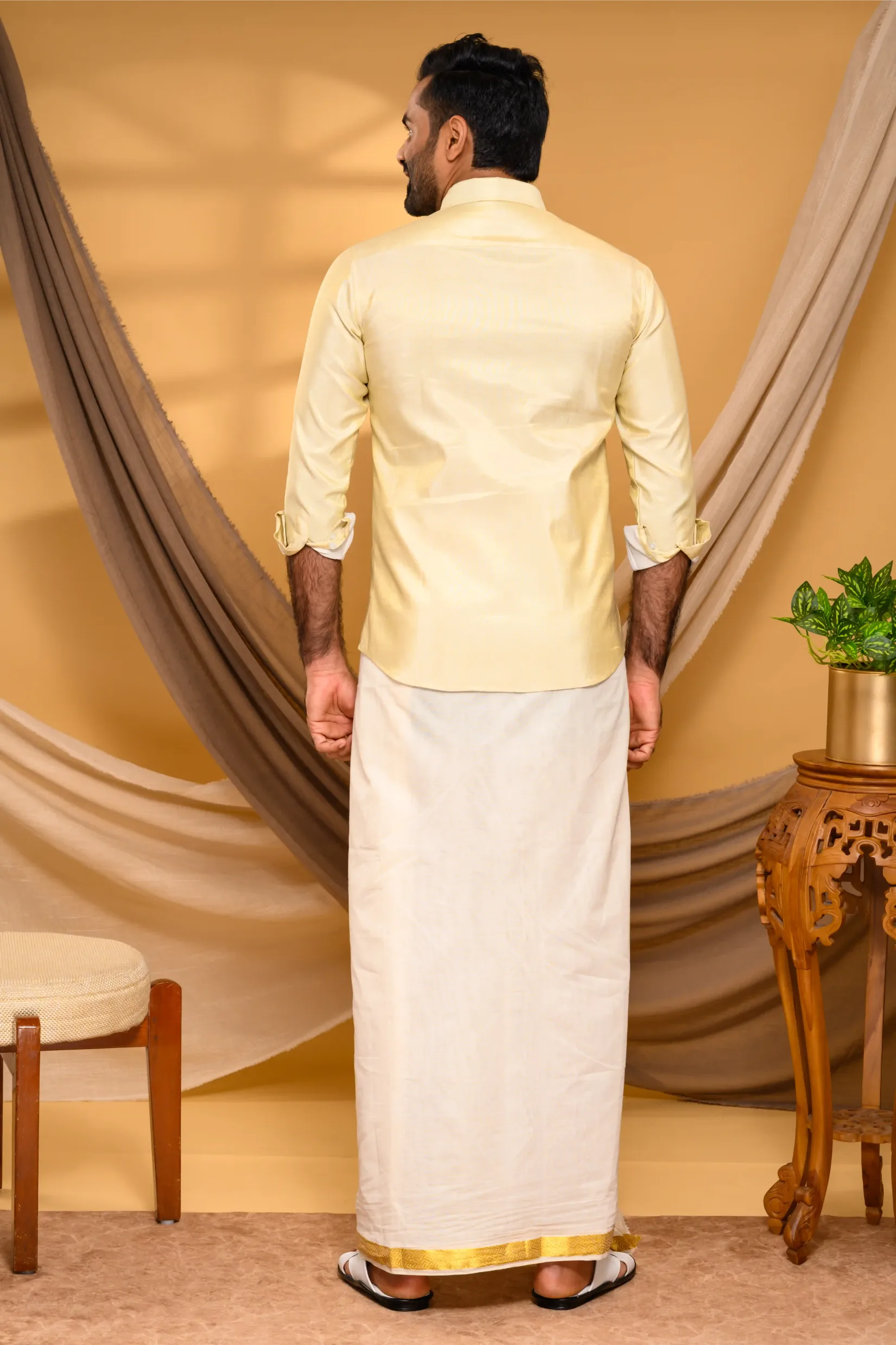 Light Golden Tissue Silk Shirt with Light Hand Embroidery Detailing (Shirt Only )