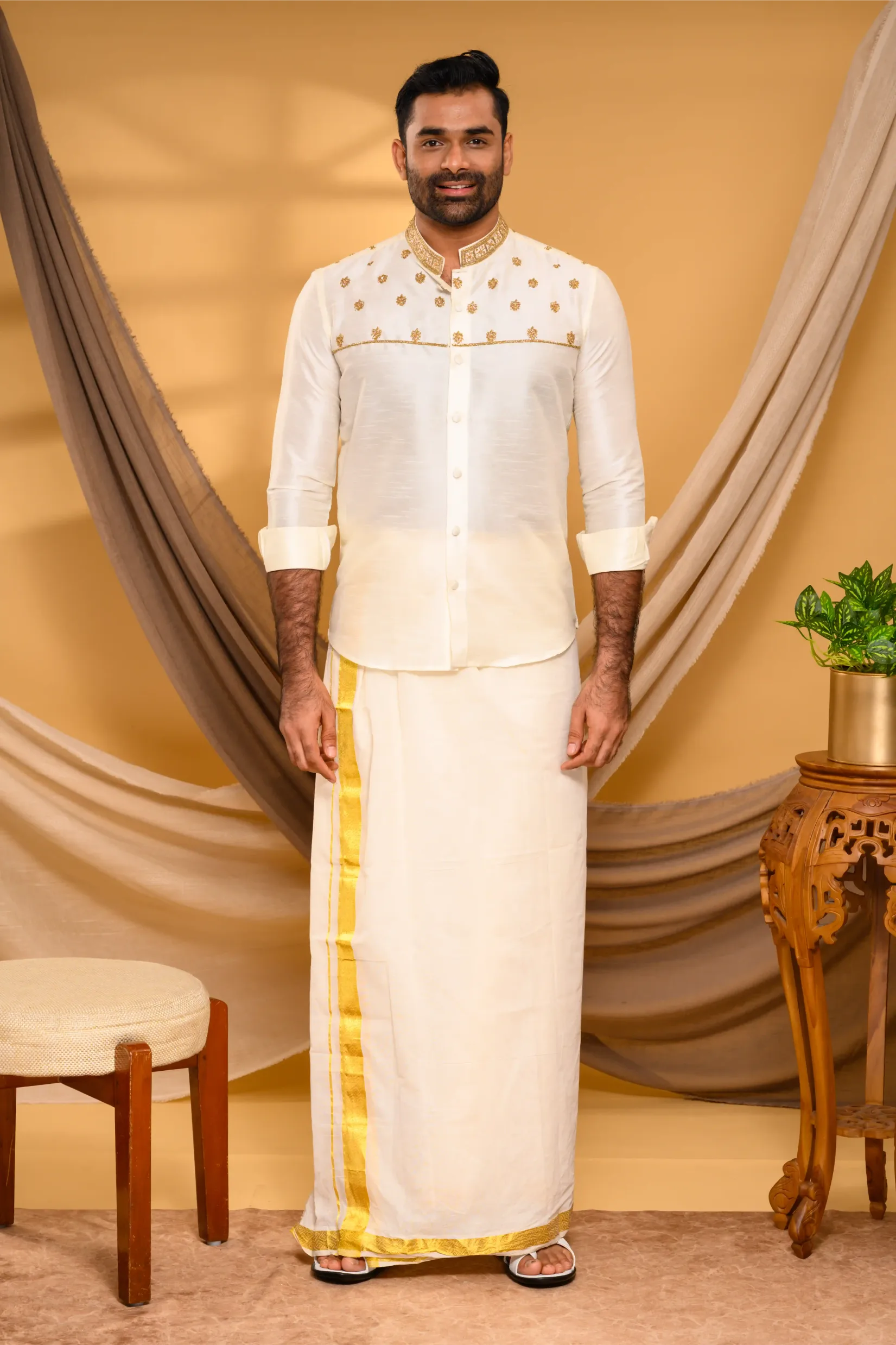 Ivory Silk Traditional Shirt with Hand Embroidery detailing on Neck & Chest (Shirt Only)
