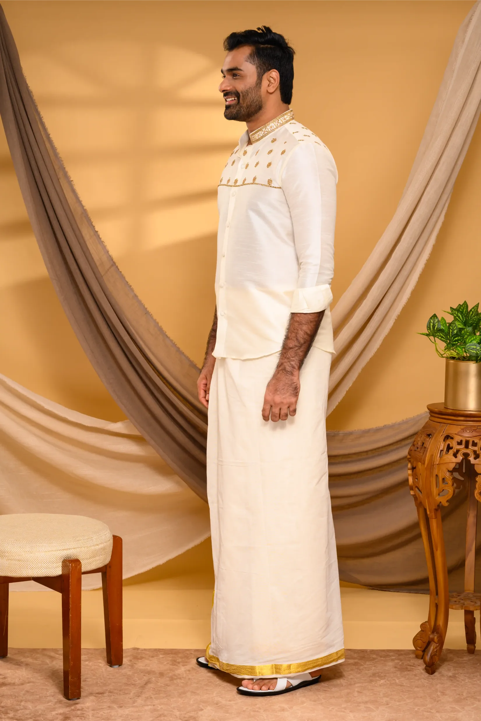 Ivory Silk Traditional Shirt with Hand Embroidery detailing on Neck & Chest (Shirt Only)