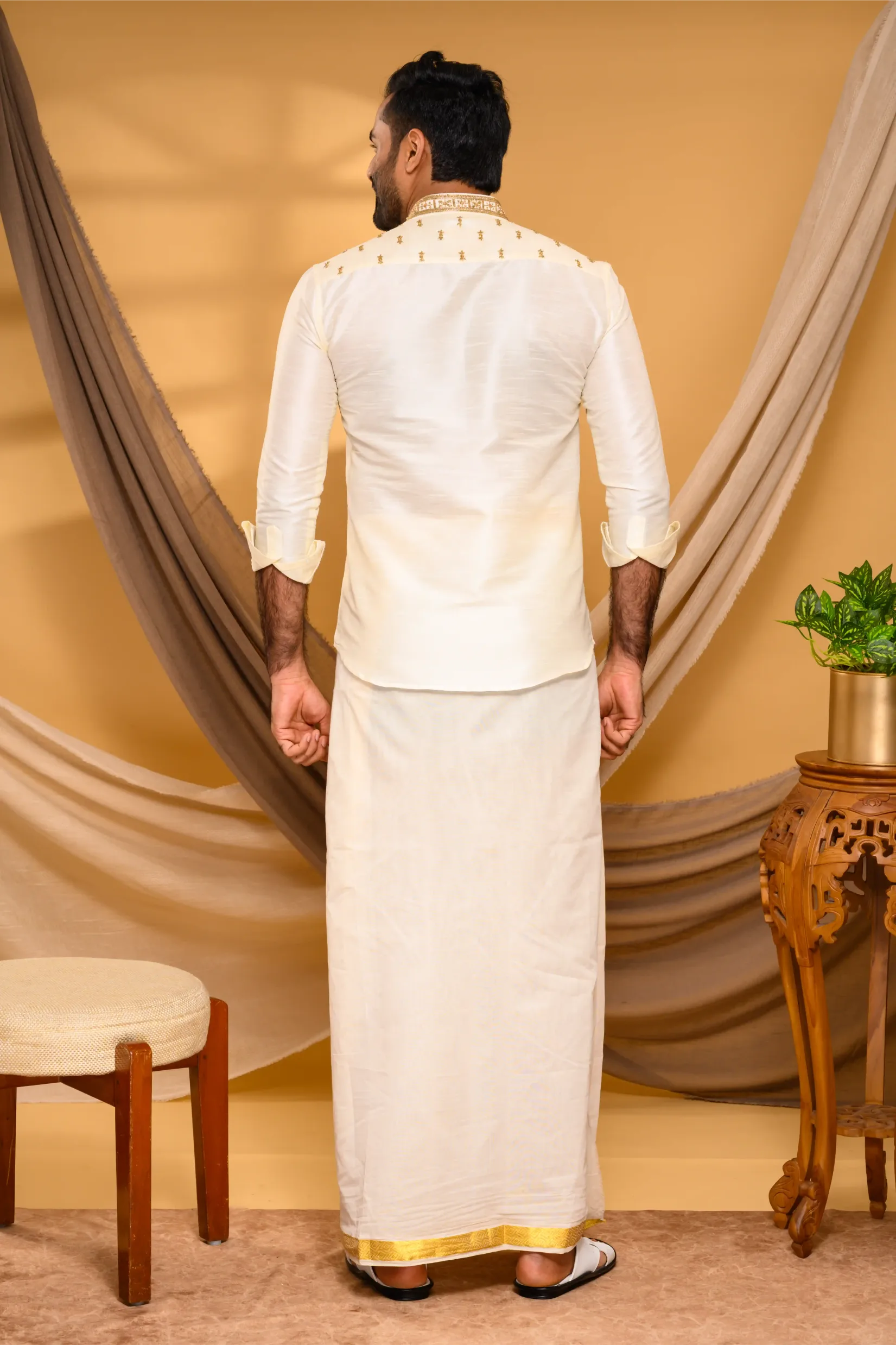Ivory Silk Traditional Shirt with Hand Embroidery detailing on Neck & Chest (Shirt Only)