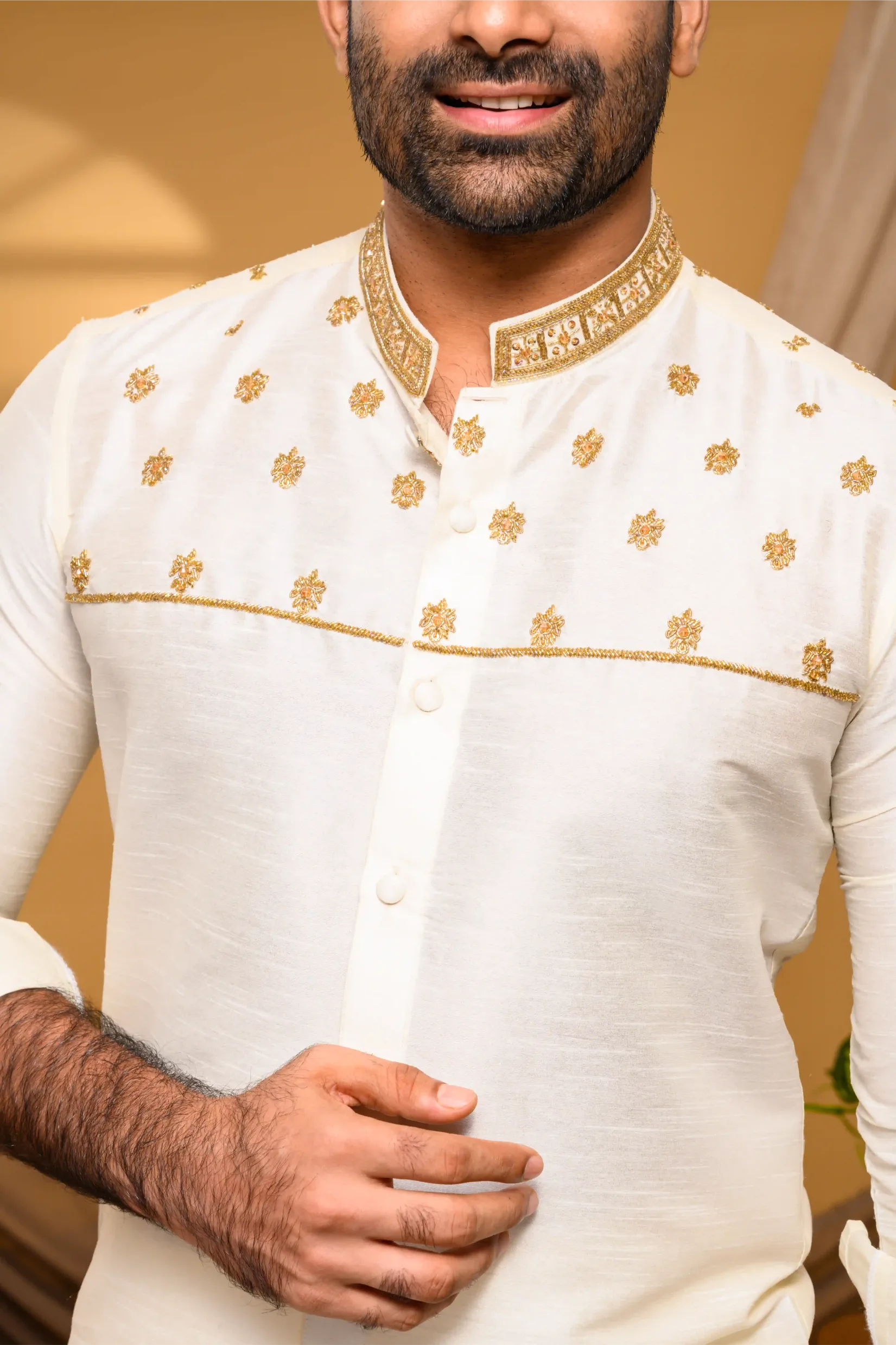 Ivory Silk Traditional Shirt with Hand Embroidery detailing on Neck & Chest (Shirt Only)