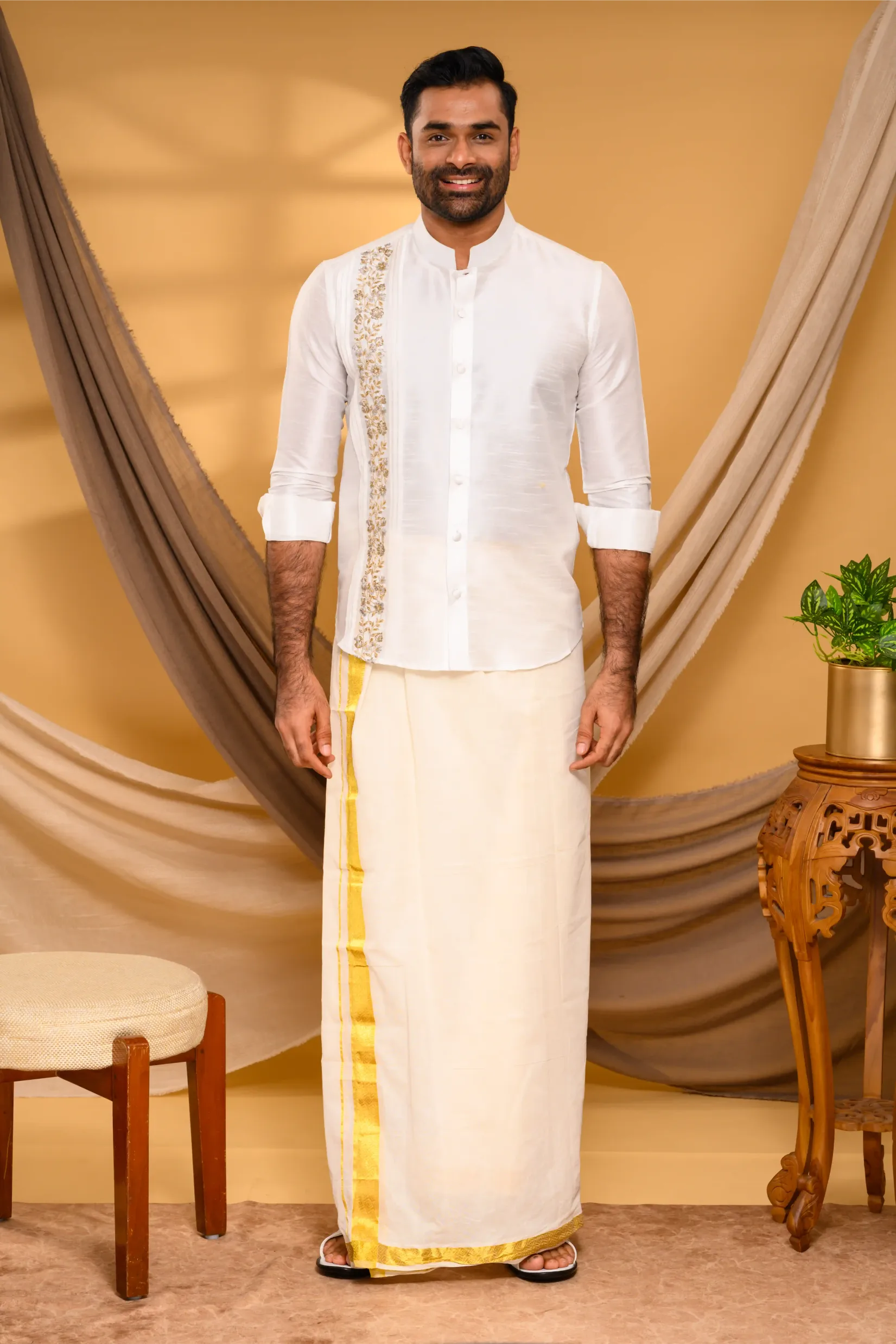Ivory Silk Traditional Shirt with Pleats & Hand Embroidery detailing on Single Side (Shirt Only)