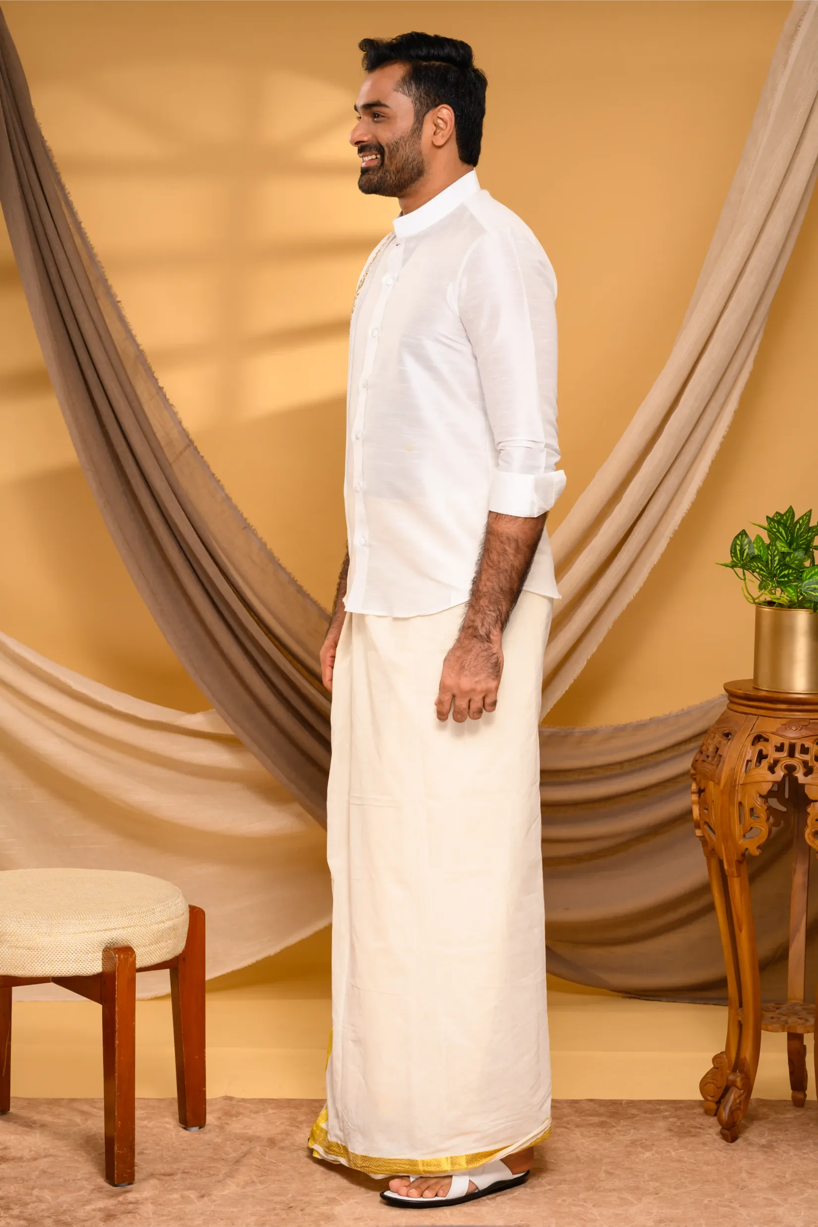 Ivory Silk Traditional Shirt with Pleats & Hand Embroidery detailing on Single Side (Shirt Only)