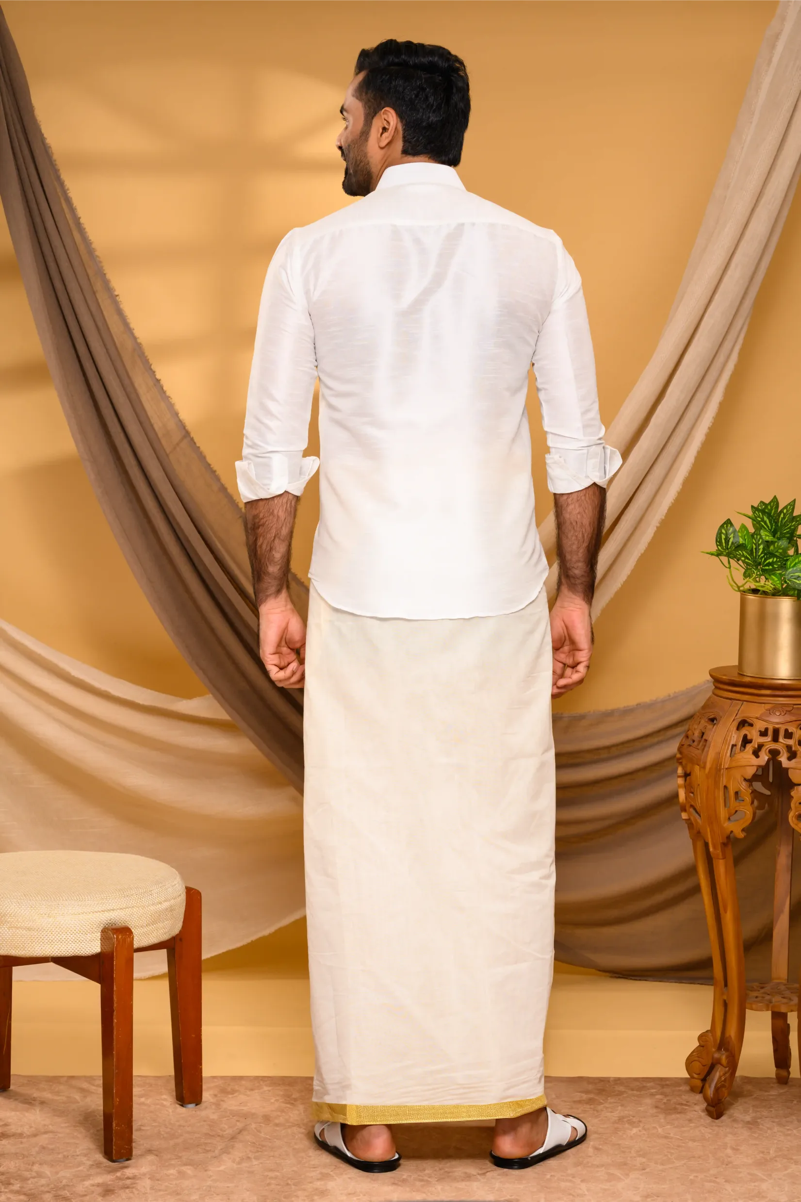 Ivory Silk Traditional Shirt with Pleats & Hand Embroidery detailing on Single Side (Shirt Only)