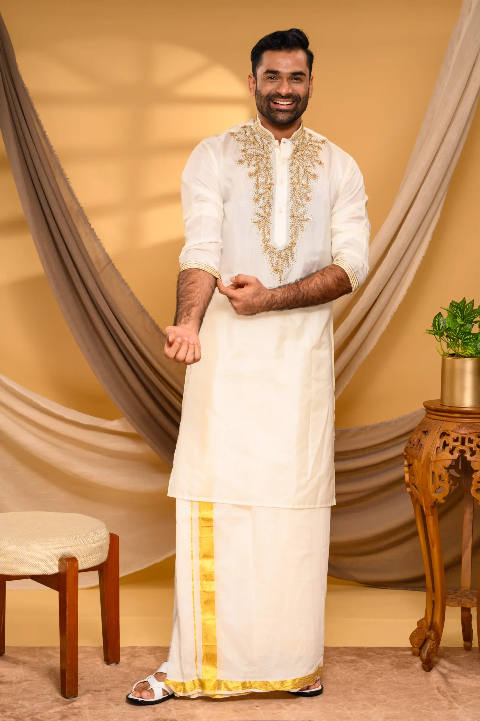 Ivory Silk Kurta with Heavy Hand Embroidery detailing on Chest - Zari Detailing on Neck & Sleeve Edge (Kurta Only)