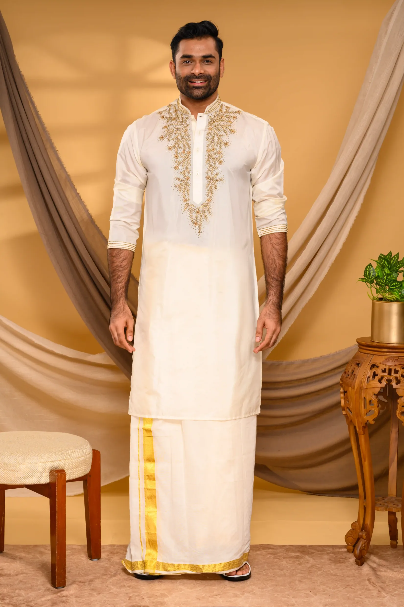 Ivory Silk Kurta with Heavy Hand Embroidery detailing on Chest - Zari Detailing on Neck & Sleeve Edge (Kurta Only)