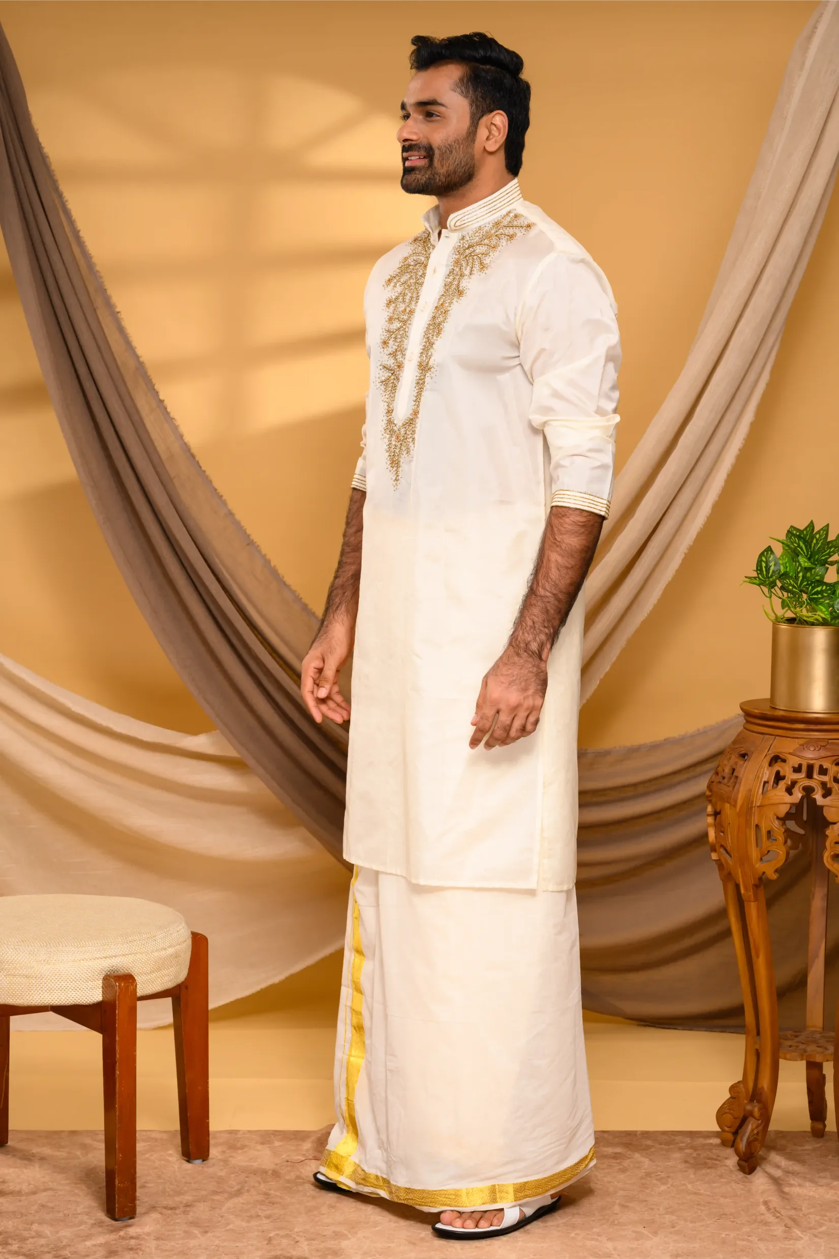 Ivory Silk Kurta with Heavy Hand Embroidery detailing on Chest - Zari Detailing on Neck & Sleeve Edge (Kurta Only)