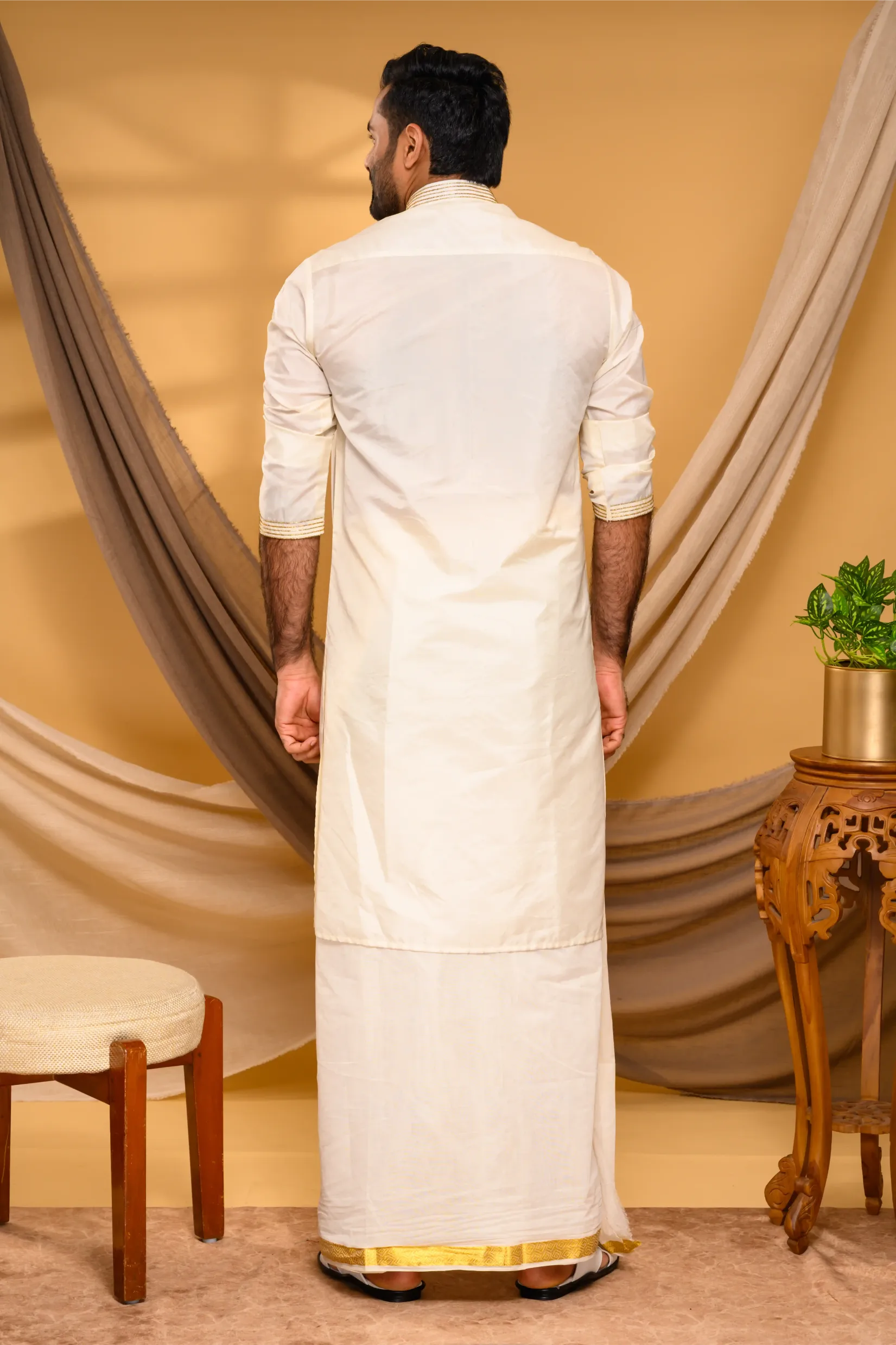 Ivory Silk Kurta with Heavy Hand Embroidery detailing on Chest - Zari Detailing on Neck & Sleeve Edge (Kurta Only)