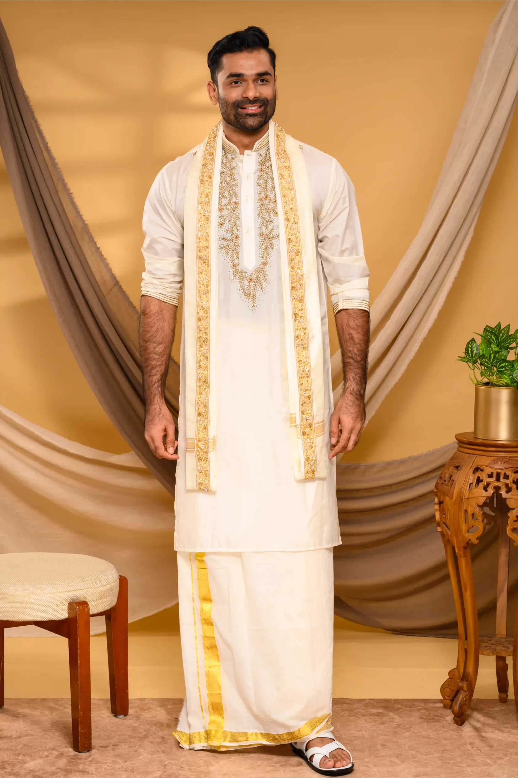 Ivory Silk Kurta with Heavy Hand Embroidery detailing on Chest - Zari Detailing on Neck & Sleeve Edge (Kurta Only)
