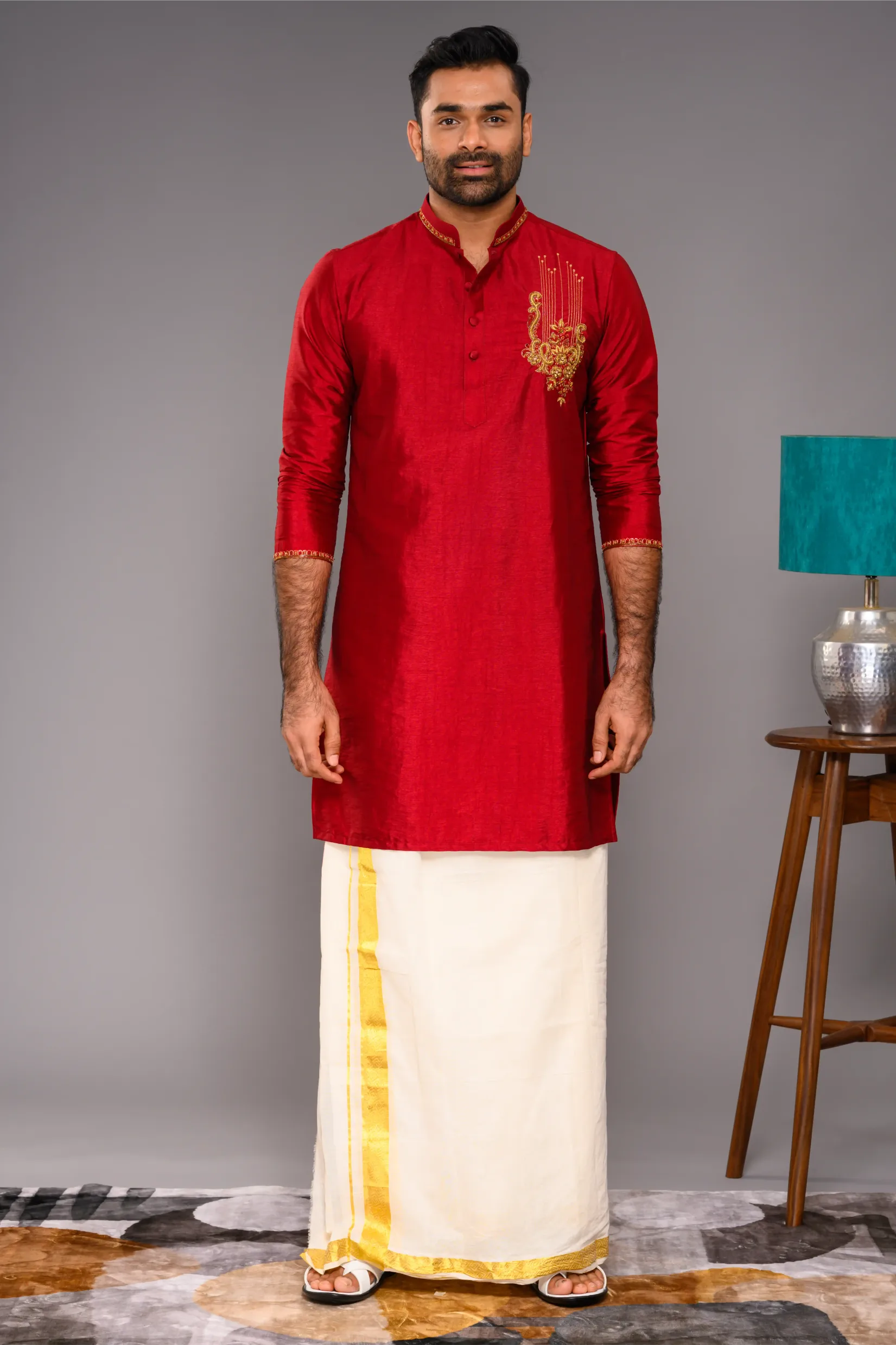 Saffron Red Silk Kurta with Hand Embroidery Motif detailing on Chest - Zari Detailing on Neck & Sleeve Edge (Kurta Only)