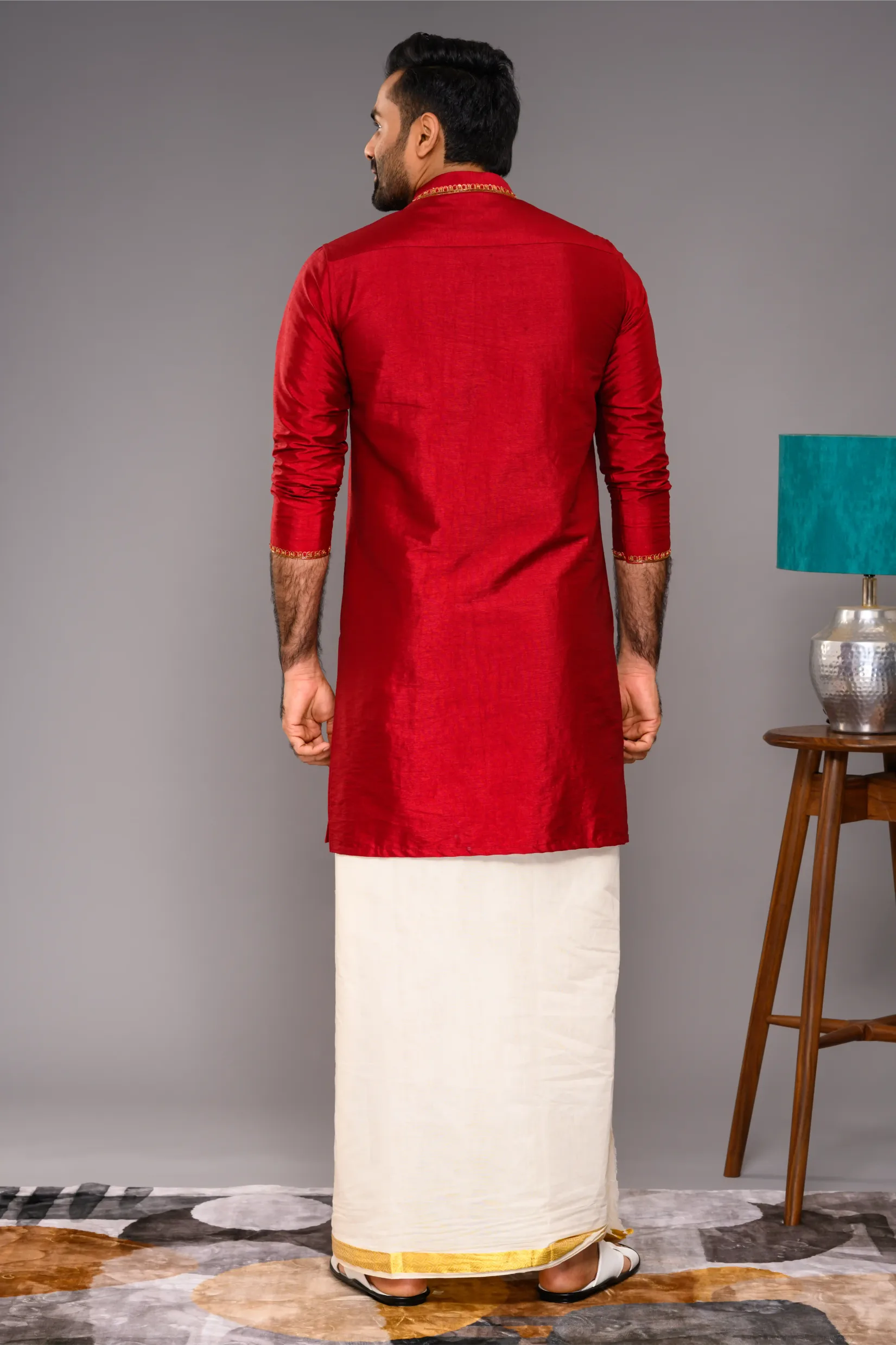 Saffron Red Silk Kurta with Hand Embroidery Motif detailing on Chest - Zari Detailing on Neck & Sleeve Edge (Kurta Only)