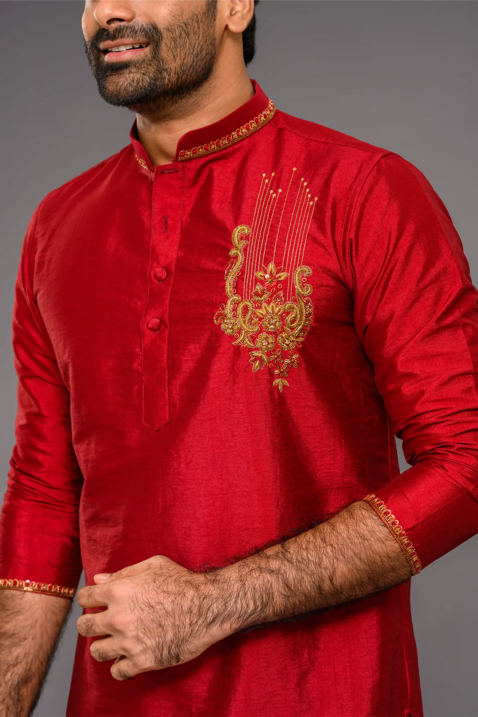 Saffron Red Silk Kurta with Hand Embroidery Motif detailing on Chest - Zari Detailing on Neck & Sleeve Edge (Kurta Only)